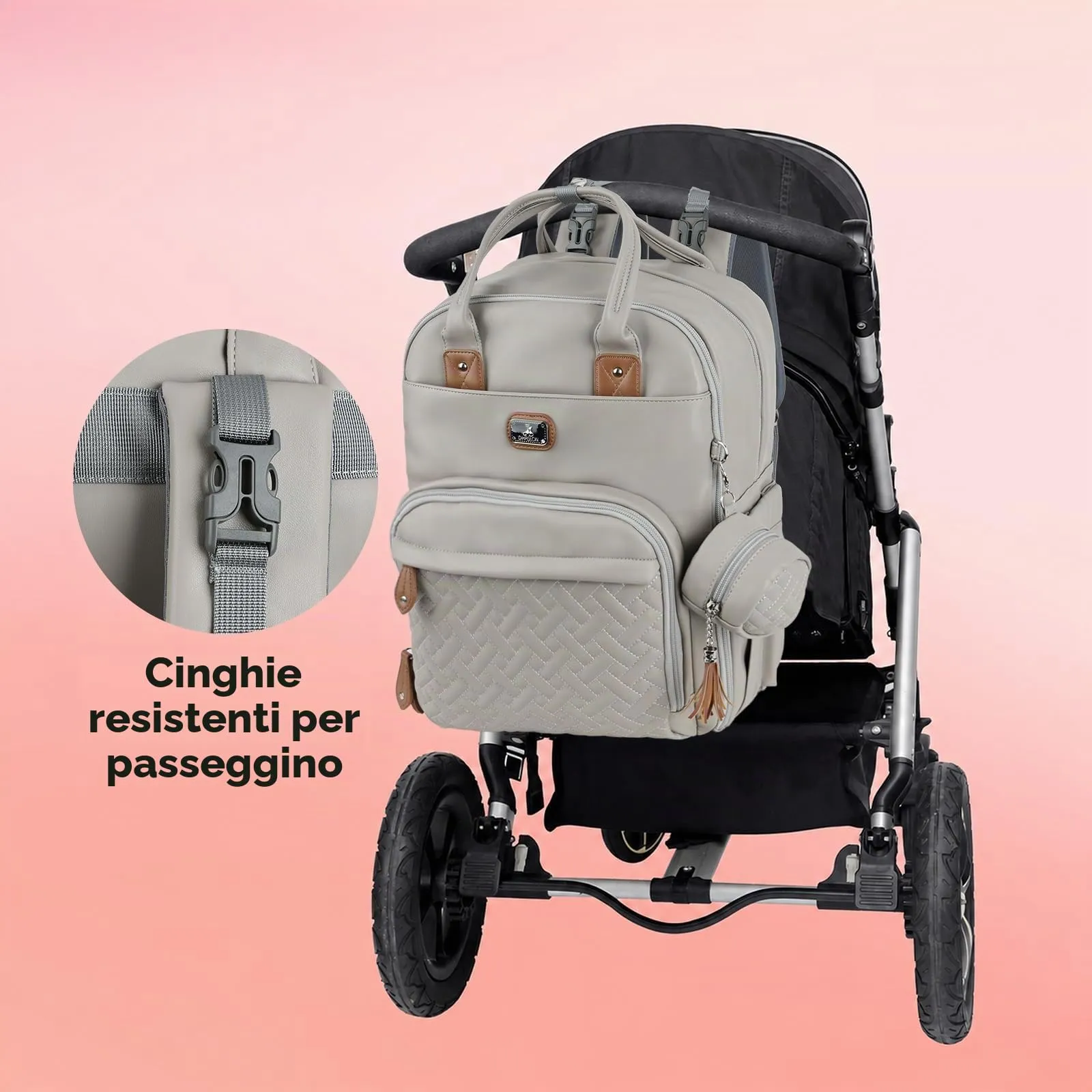 Dikaslon Zaino Borsa per Pannolini in Pelle, Set 3 Pezzi con Fasciatoio, Custodia per Ciuccio e Cinghie per Passeggino, Grigio Nebbioso - immagine 5