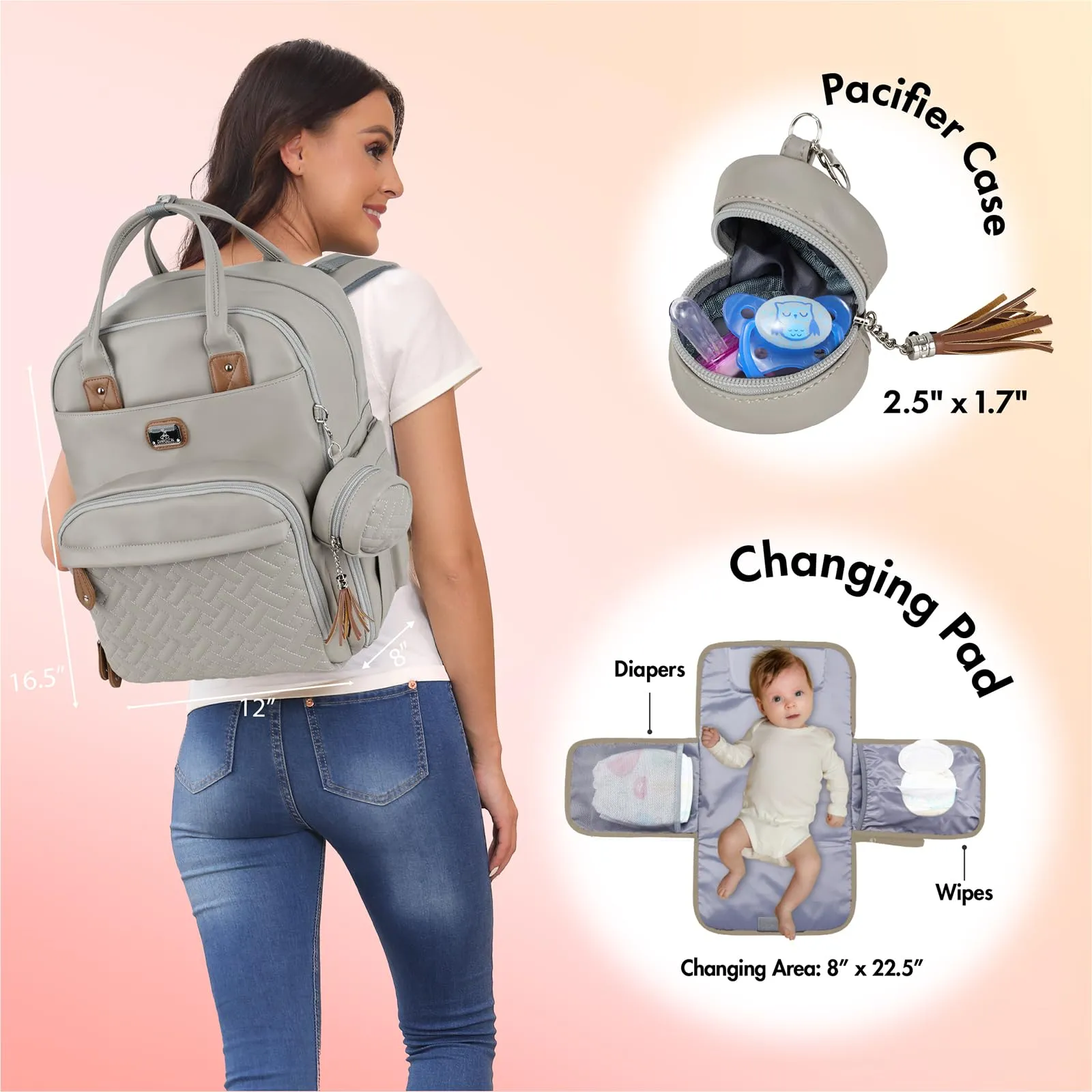 Dikaslon Zaino Borsa per Pannolini in Pelle, Set 3 Pezzi con Fasciatoio, Custodia per Ciuccio e Cinghie per Passeggino, Grigio Nebbioso - immagine 6