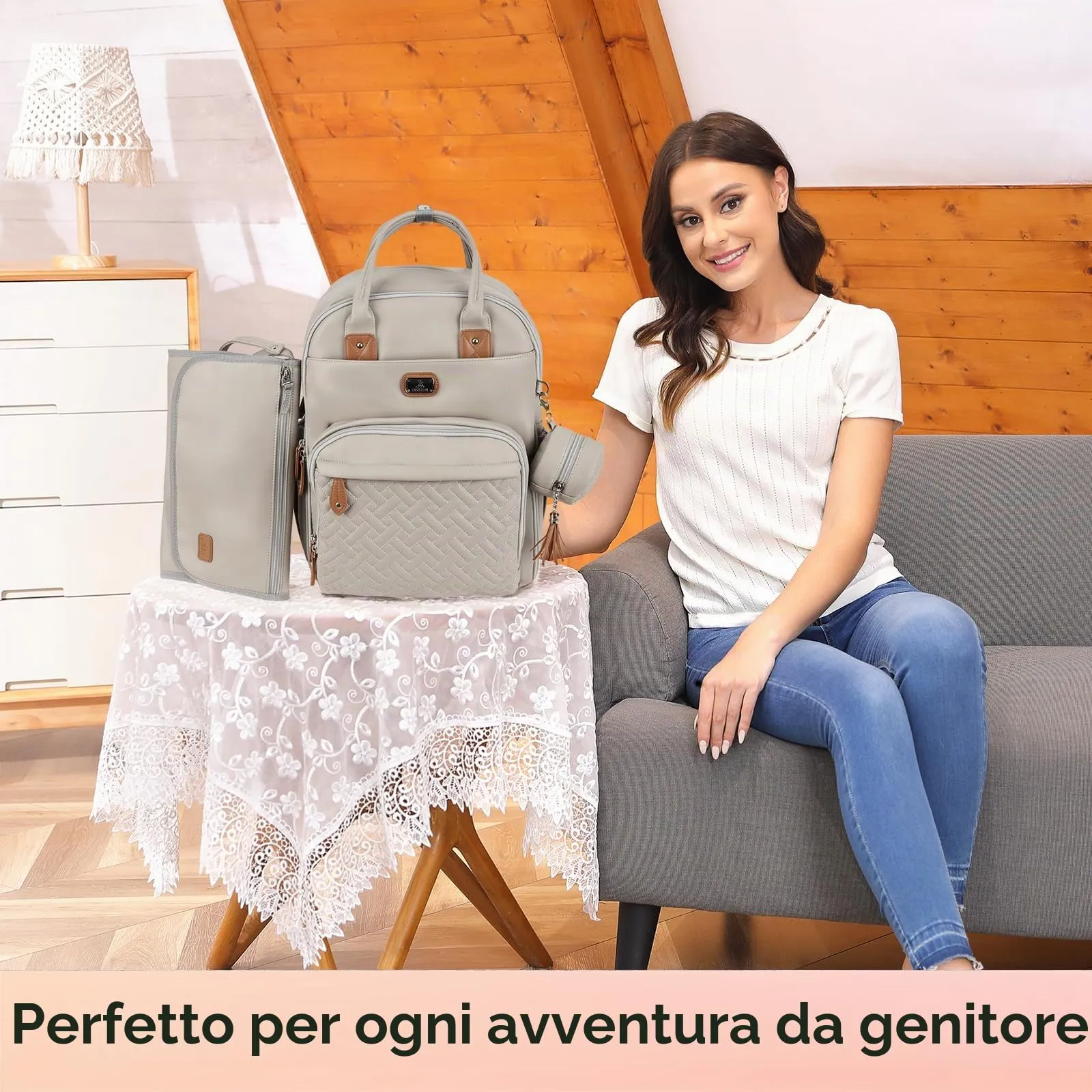 Dikaslon Zaino Borsa per Pannolini in Pelle, Set 3 Pezzi con Fasciatoio, Custodia per Ciuccio e Cinghie per Passeggino, Grigio Nebbioso - immagine 7