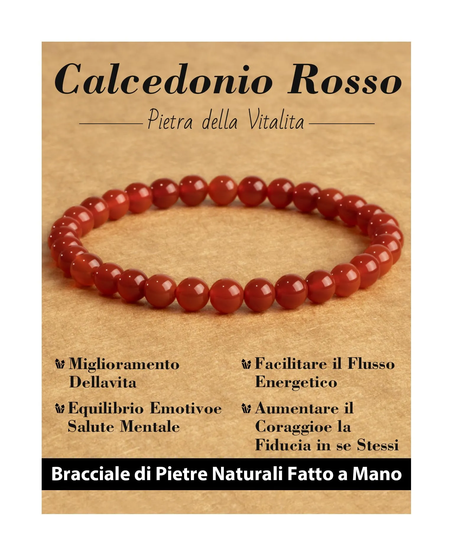 Landorilo Bracciale in Calcedonio Rosso, Pietra Naturale 6 mm, 19 cm - immagine 1