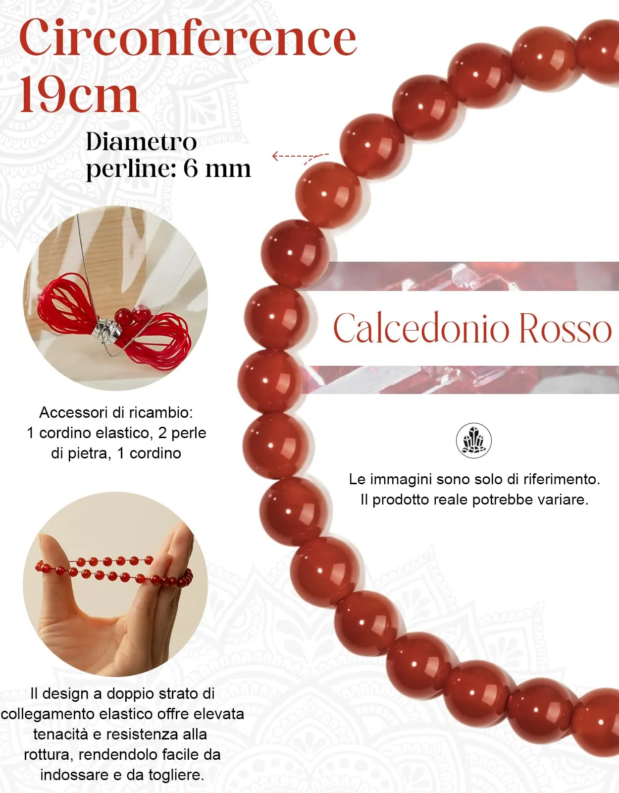 Landorilo Bracciale in Calcedonio Rosso, Pietra Naturale 6 mm, 19 cm - immagine 4