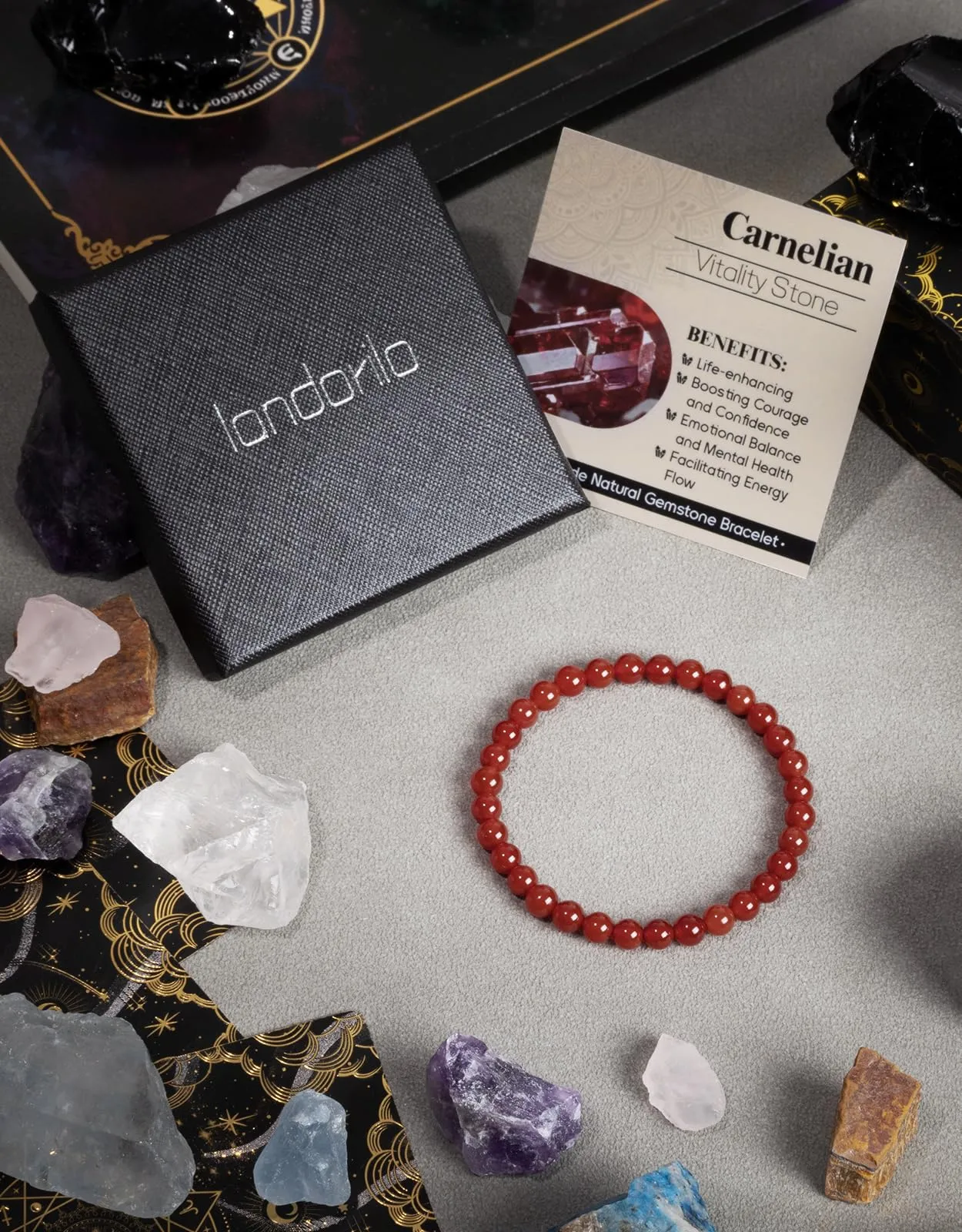 Landorilo Bracciale in Calcedonio Rosso, Pietra Naturale 6 mm, 19 cm - immagine 5
