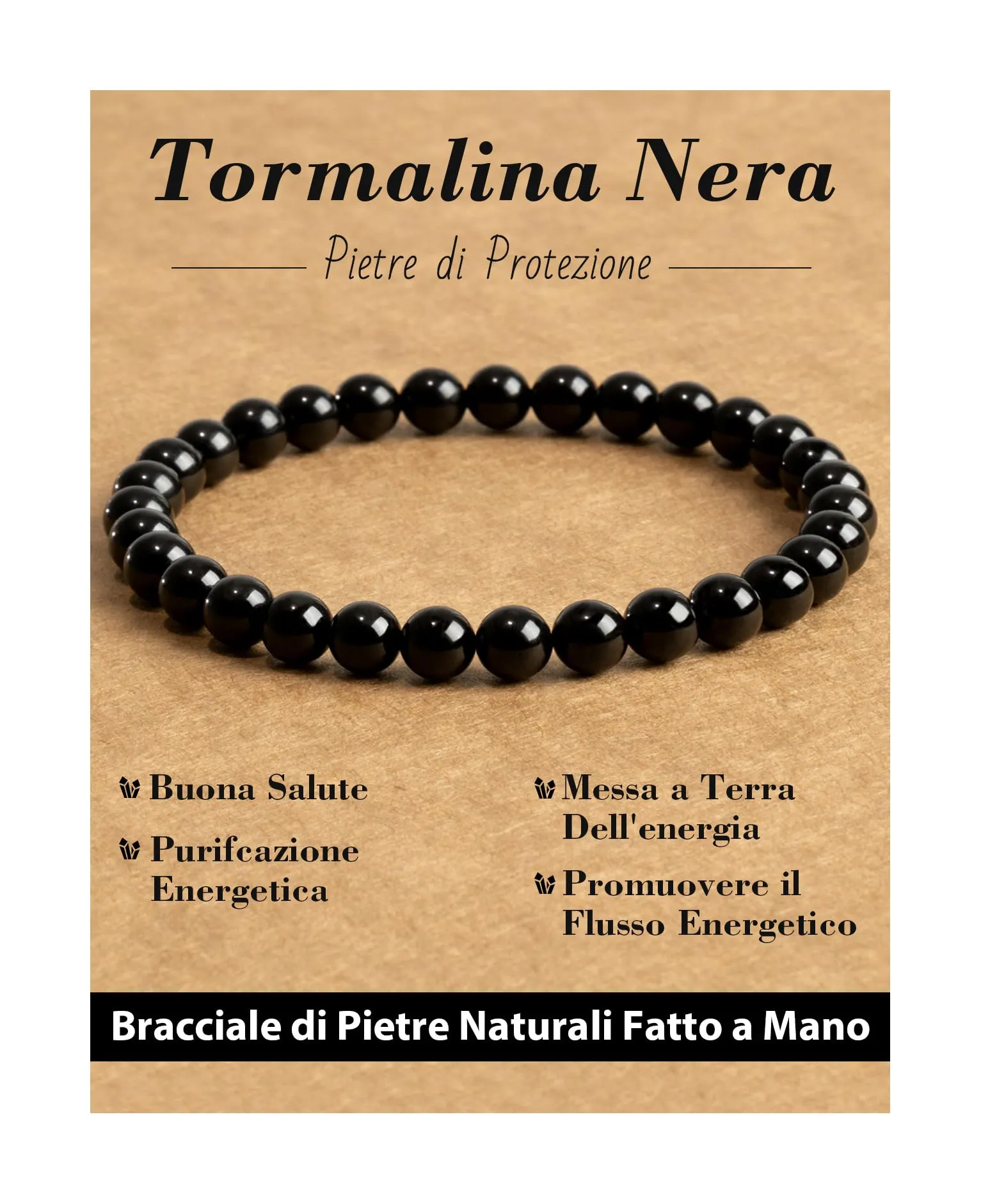 Landorilo Bracciale in Pietra Naturale Tormalina Nera, 6 mm, 19 cm - immagine 1