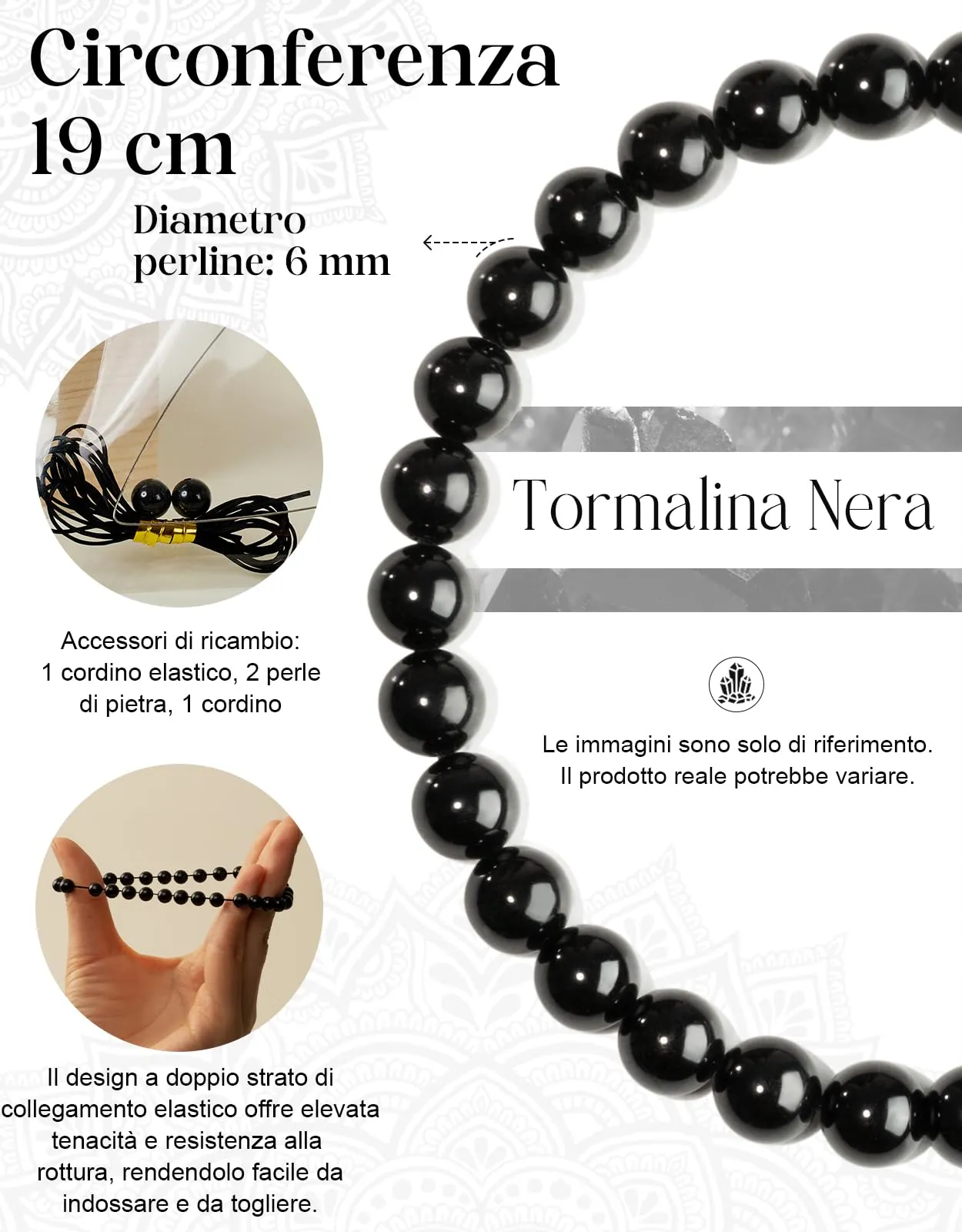 Landorilo Bracciale in Pietra Naturale Tormalina Nera, 6 mm, 19 cm - immagine 3