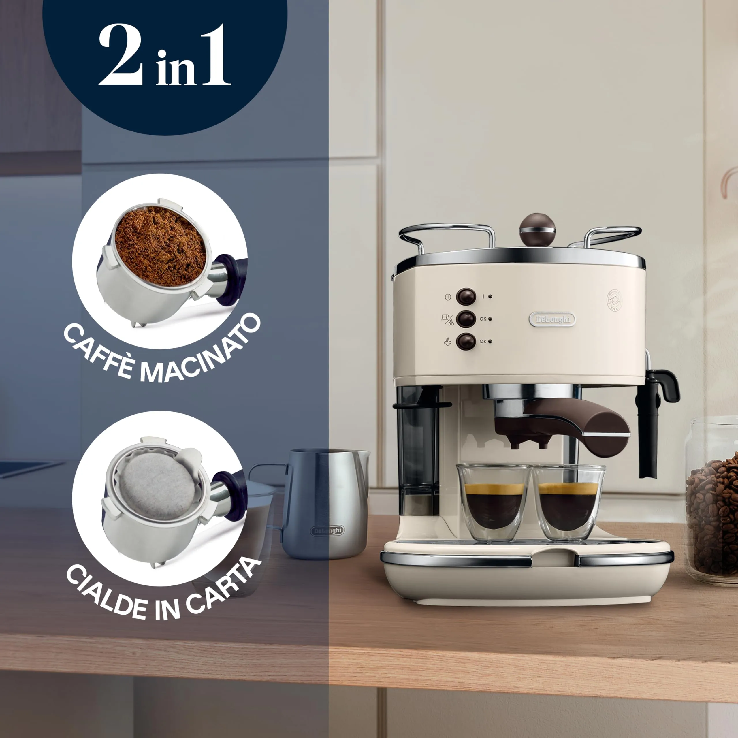 De'Longhi Icona Vintage ECOV311.BG Macchina da Caffè Espresso e Cappuccino, Caffè in Polvere e Cialde E.S.E., Beige - immagine 2