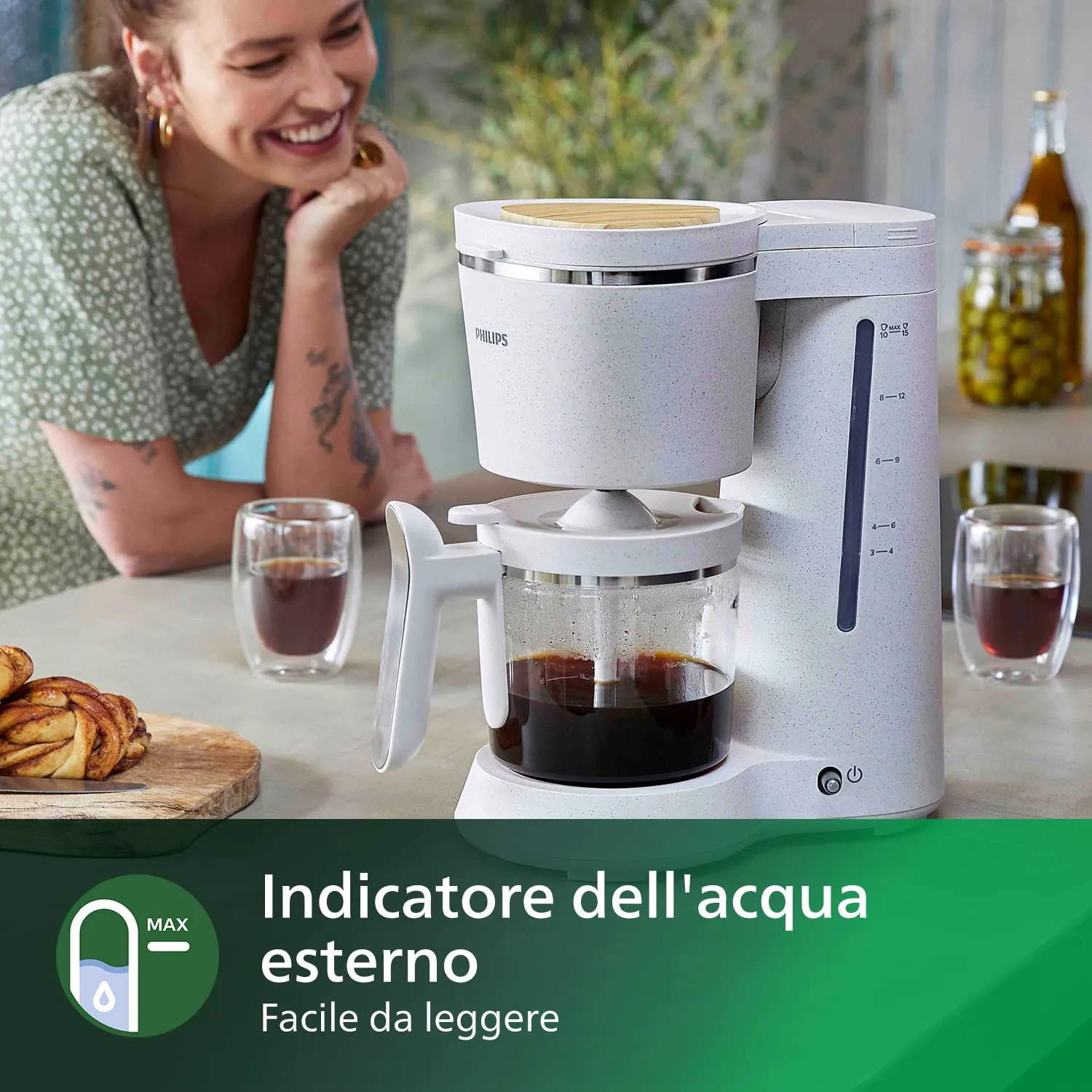 Philips Macchina da Caffè Americano Eco Conscious Edition, Caraffa in Vetro 1,2 lt, 15 Tazze, Bianco Satinato (HD5120/00) - immagine 3