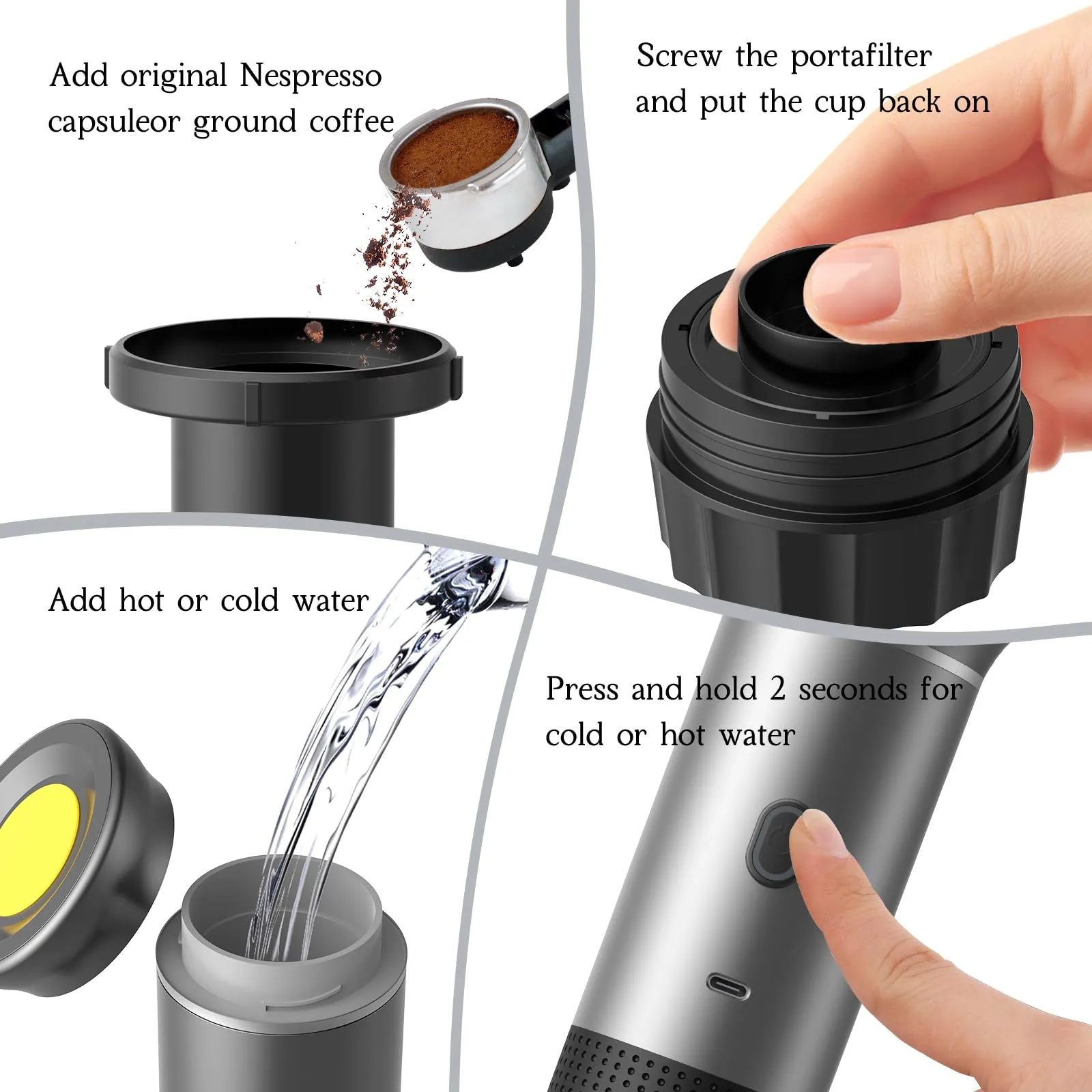 Vunzo Macchina per caffè espresso elettrica portatile, riscaldamento USB-C, 2-in-1 per capsule e caffè macinato, KFJ - immagine 2