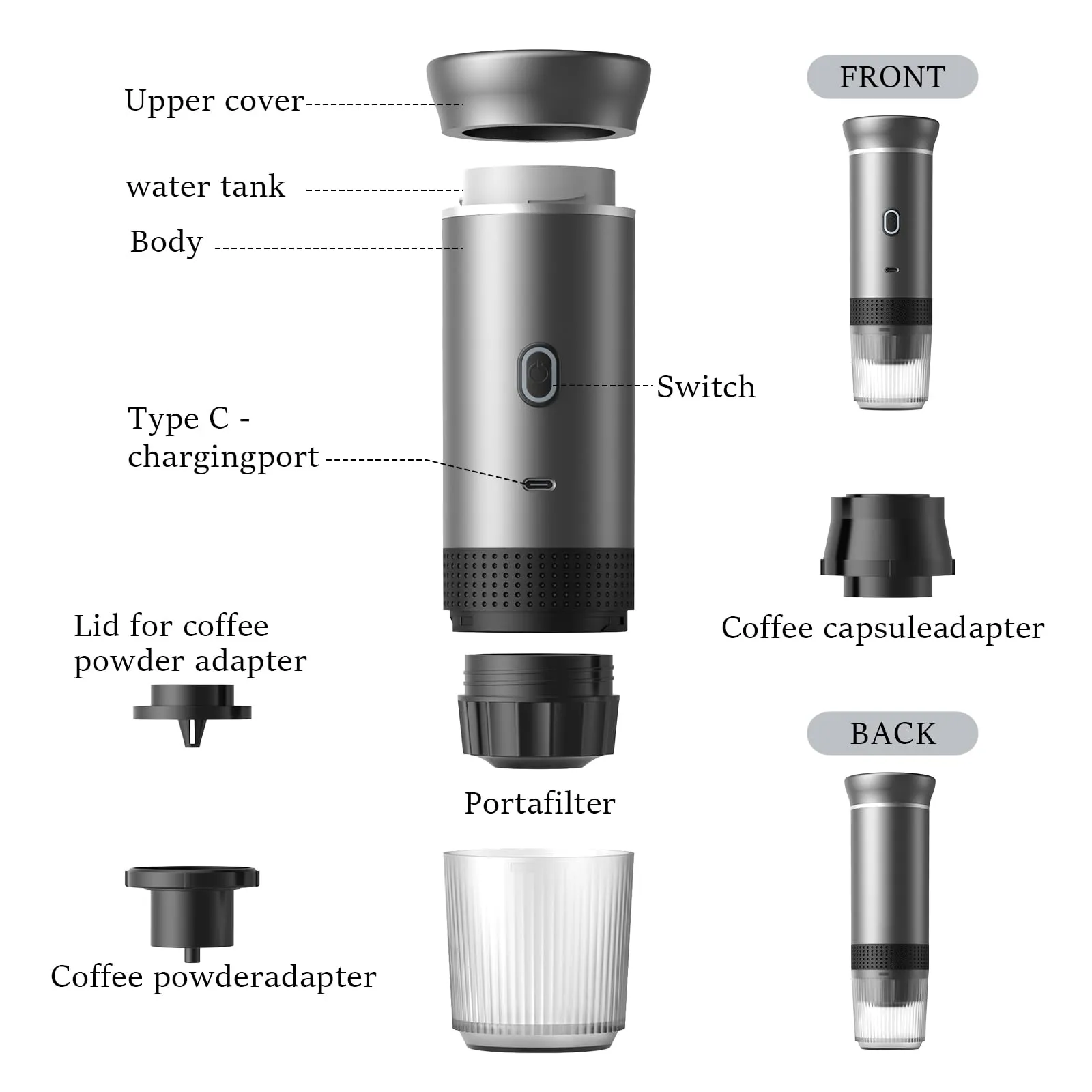 Vunzo Macchina per caffè espresso elettrica portatile, riscaldamento USB-C, 2-in-1 per capsule e caffè macinato, KFJ - immagine 6