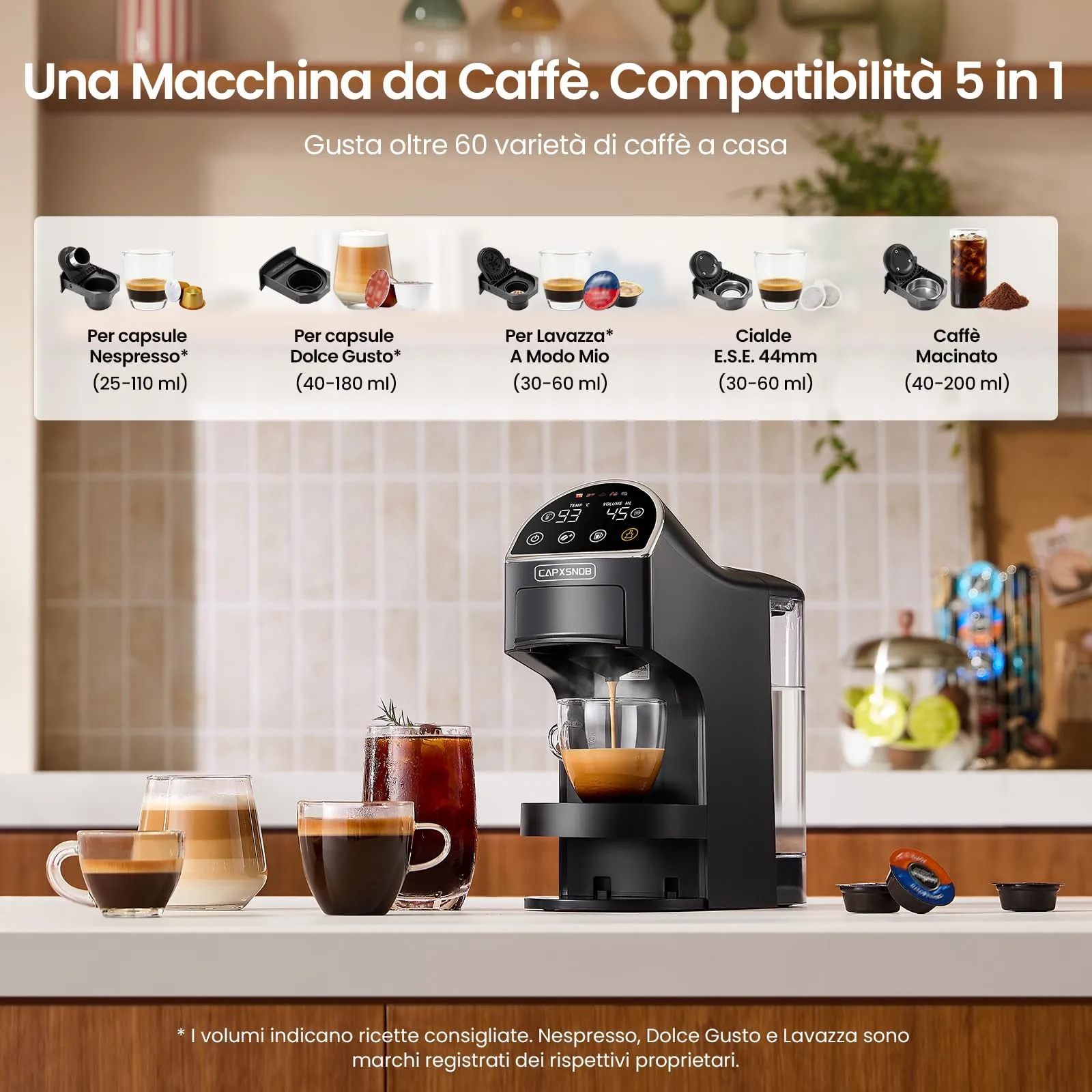 CAPXSNOB Magician2 Macchina da Caffè Multicapsula 5 in 1 per Nespresso, Dolce Gusto, Lavazza A Modo Mio, Cialde ESE 44 e Macinato, Touch LED, 20 Bar, 1,2L - immagine 2