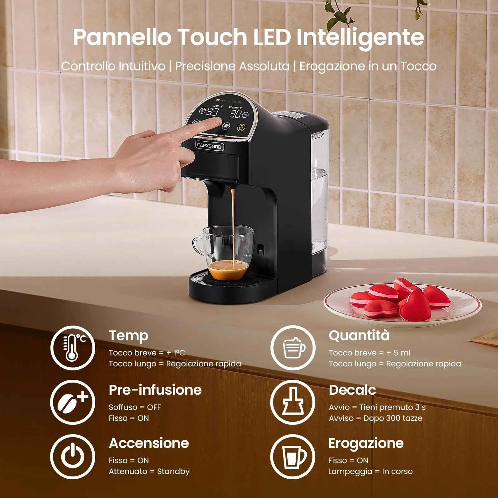 CAPXSNOB Magician2 Macchina da Caffè Multicapsula 5 in 1 per Nespresso, Dolce Gusto, Lavazza A Modo Mio, Cialde ESE 44 e Macinato, Touch LED, 20 Bar, 1,2L - immagine 3
