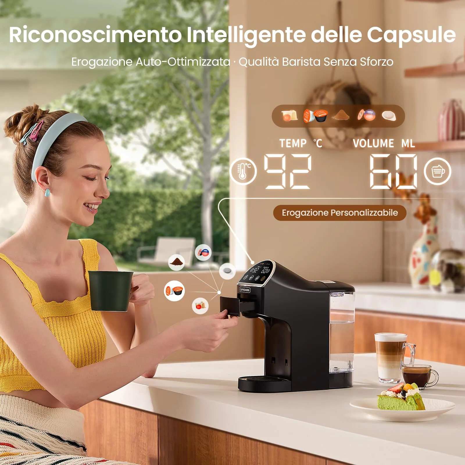 CAPXSNOB Magician2 Macchina da Caffè Multicapsula 5 in 1 per Nespresso, Dolce Gusto, Lavazza A Modo Mio, Cialde ESE 44 e Macinato, Touch LED, 20 Bar, 1,2L - immagine 4