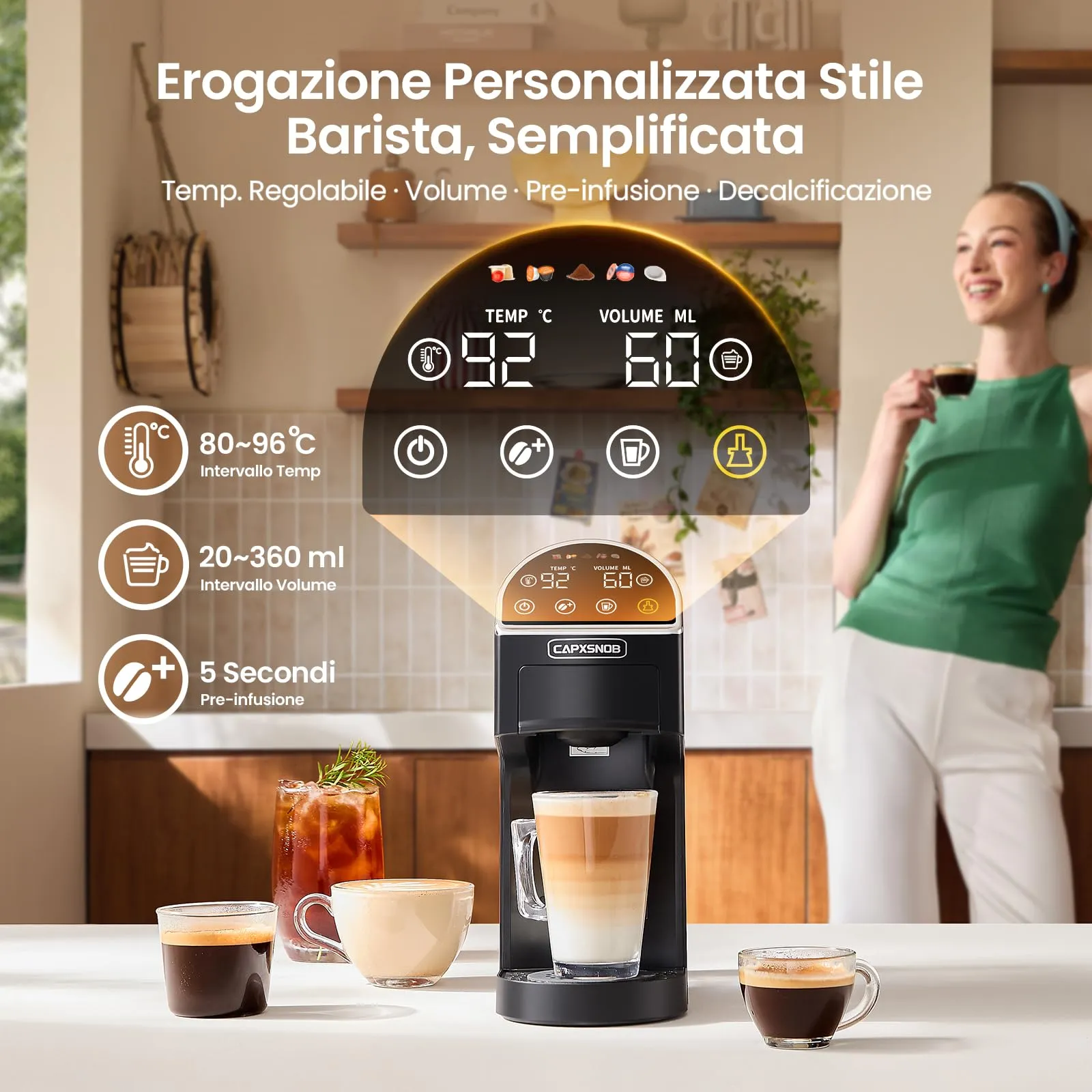 CAPXSNOB Magician2 Macchina da Caffè Multicapsula 5 in 1 per Nespresso, Dolce Gusto, Lavazza A Modo Mio, Cialde ESE 44 e Macinato, Touch LED, 20 Bar, 1,2L - immagine 5