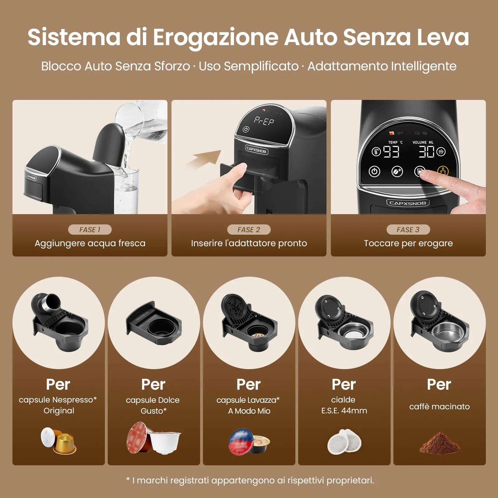 CAPXSNOB Magician2 Macchina da Caffè Multicapsula 5 in 1 per Nespresso, Dolce Gusto, Lavazza A Modo Mio, Cialde ESE 44 e Macinato, Touch LED, 20 Bar, 1,2L - immagine 6