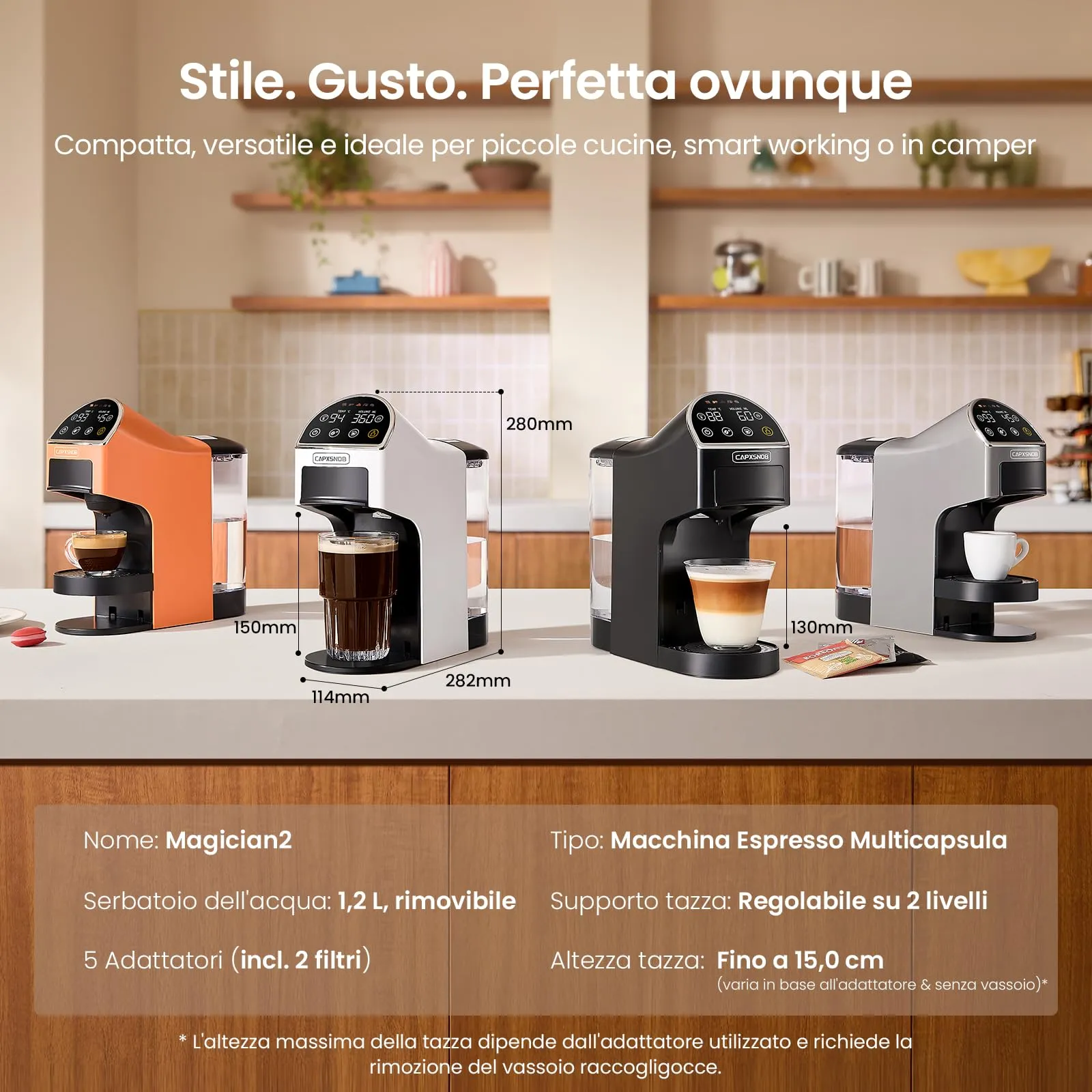 CAPXSNOB Magician2 Macchina da Caffè Multicapsula 5 in 1 per Nespresso, Dolce Gusto, Lavazza A Modo Mio, Cialde ESE 44 e Macinato, Touch LED, 20 Bar, 1,2L - immagine 9
