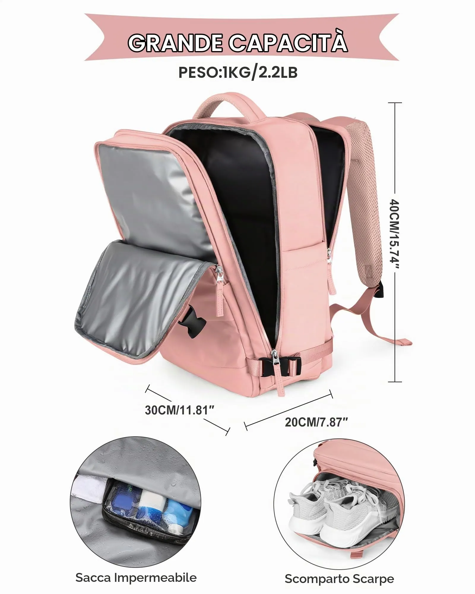 SZLX Zaino da Viaggio 40x30x20 per Ryanair e Wizzair, Impermeabile, con Scomparto per Laptop 14 Pollici e Scomparto per Scarpe - immagine 3