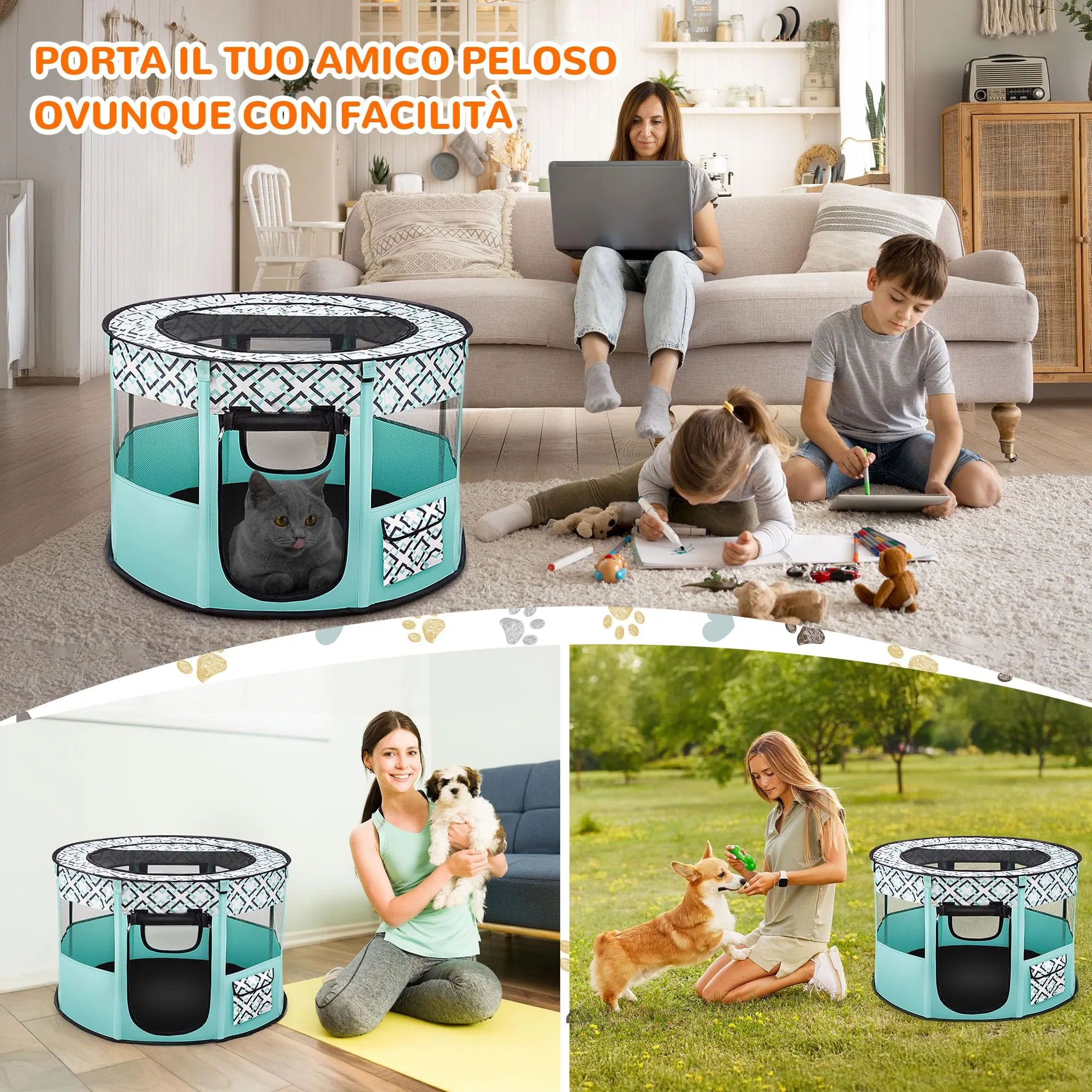 ALLSOPETS Recinto per Cani da Interno Pieghevole, Verde, L - immagine 2