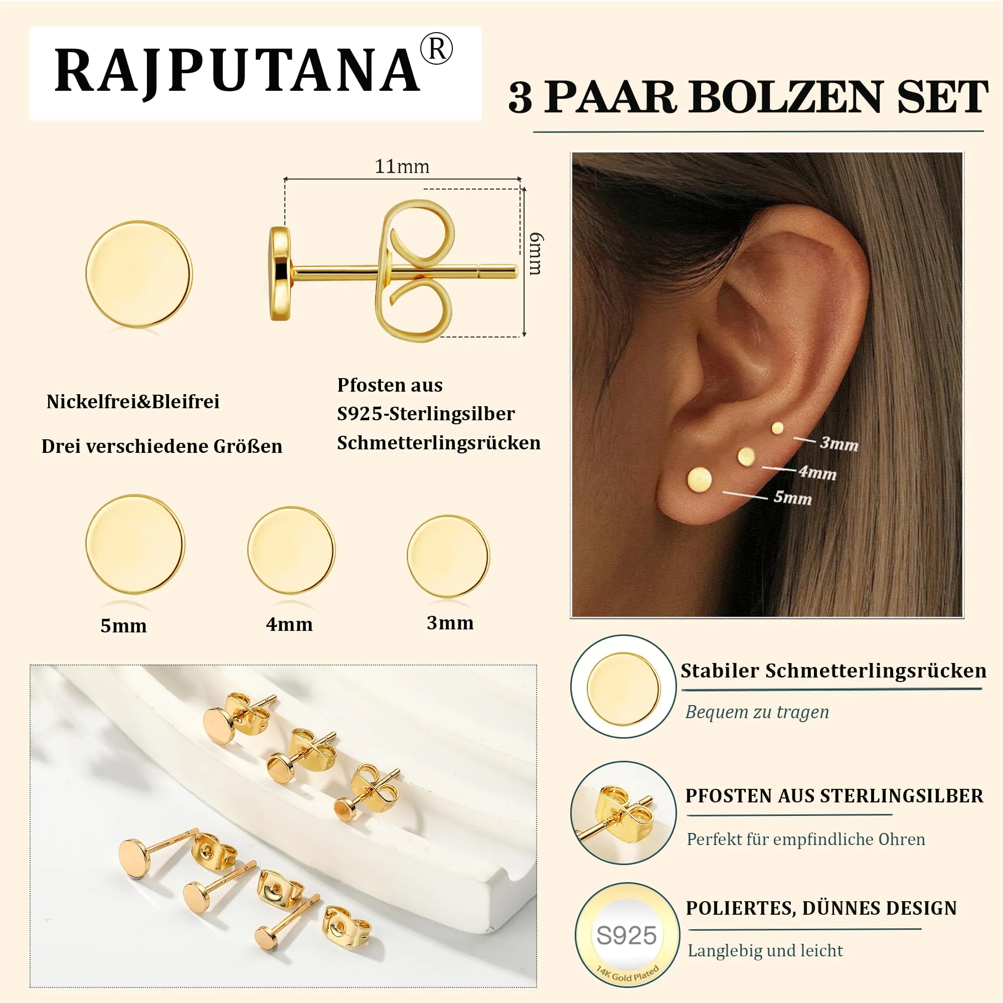 Rajputana Set di 3 Paia di Orecchini a Perno in Argento 925 Placcati Oro 14K con Zirconia CZ a Stelle, Puntini e Cuore - immagine 4