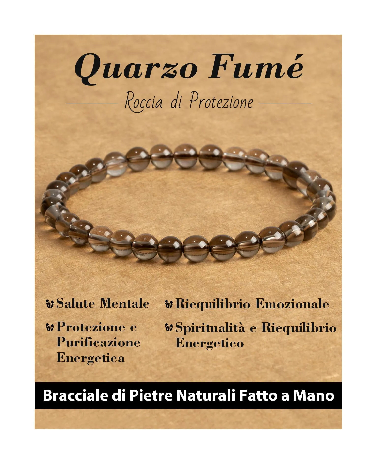 Landorilo Bracciale in Pietra Naturale Quarzo Fumé, 6 mm, 19 cm - immagine 1