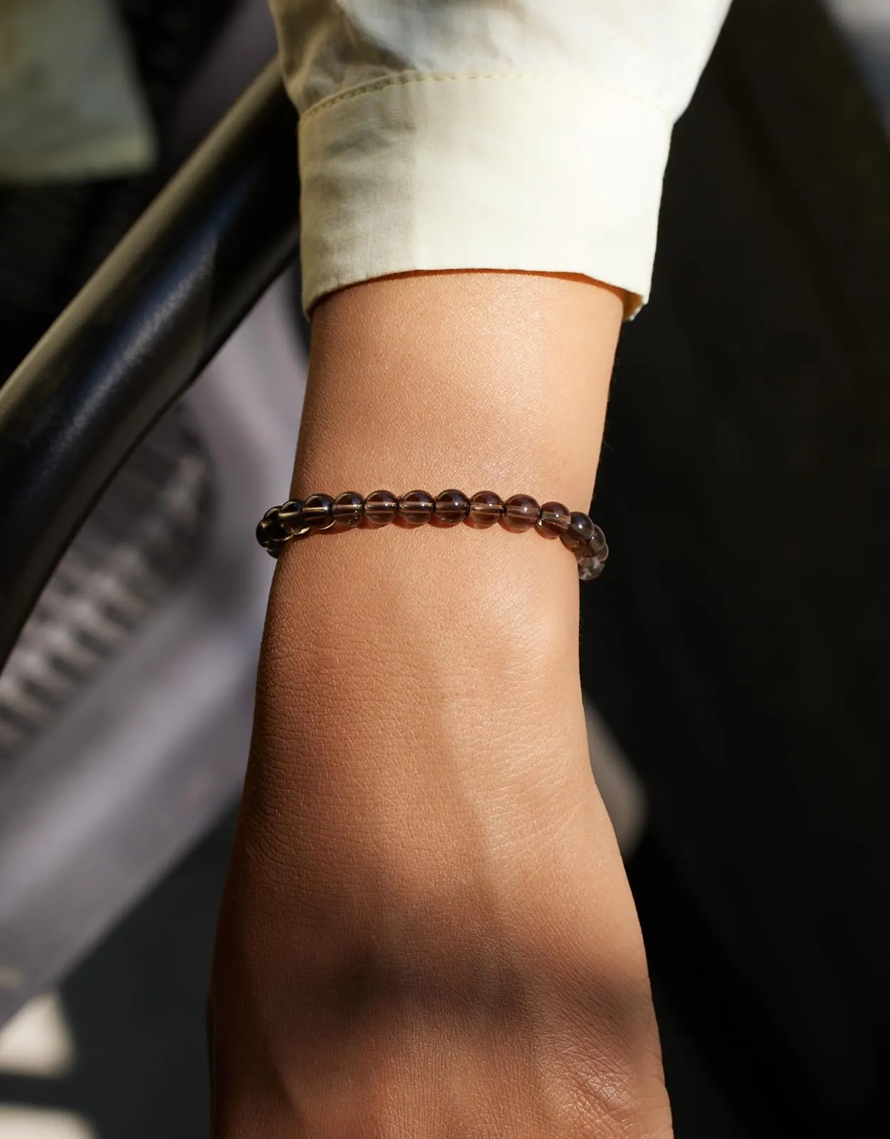 Landorilo Bracciale in Pietra Naturale Quarzo Fumé, 6 mm, 19 cm - immagine 2