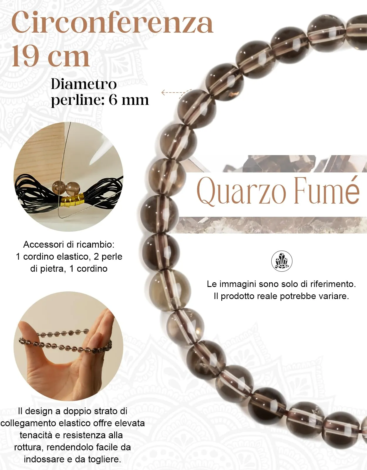 Landorilo Bracciale in Pietra Naturale Quarzo Fumé, 6 mm, 19 cm - immagine 3