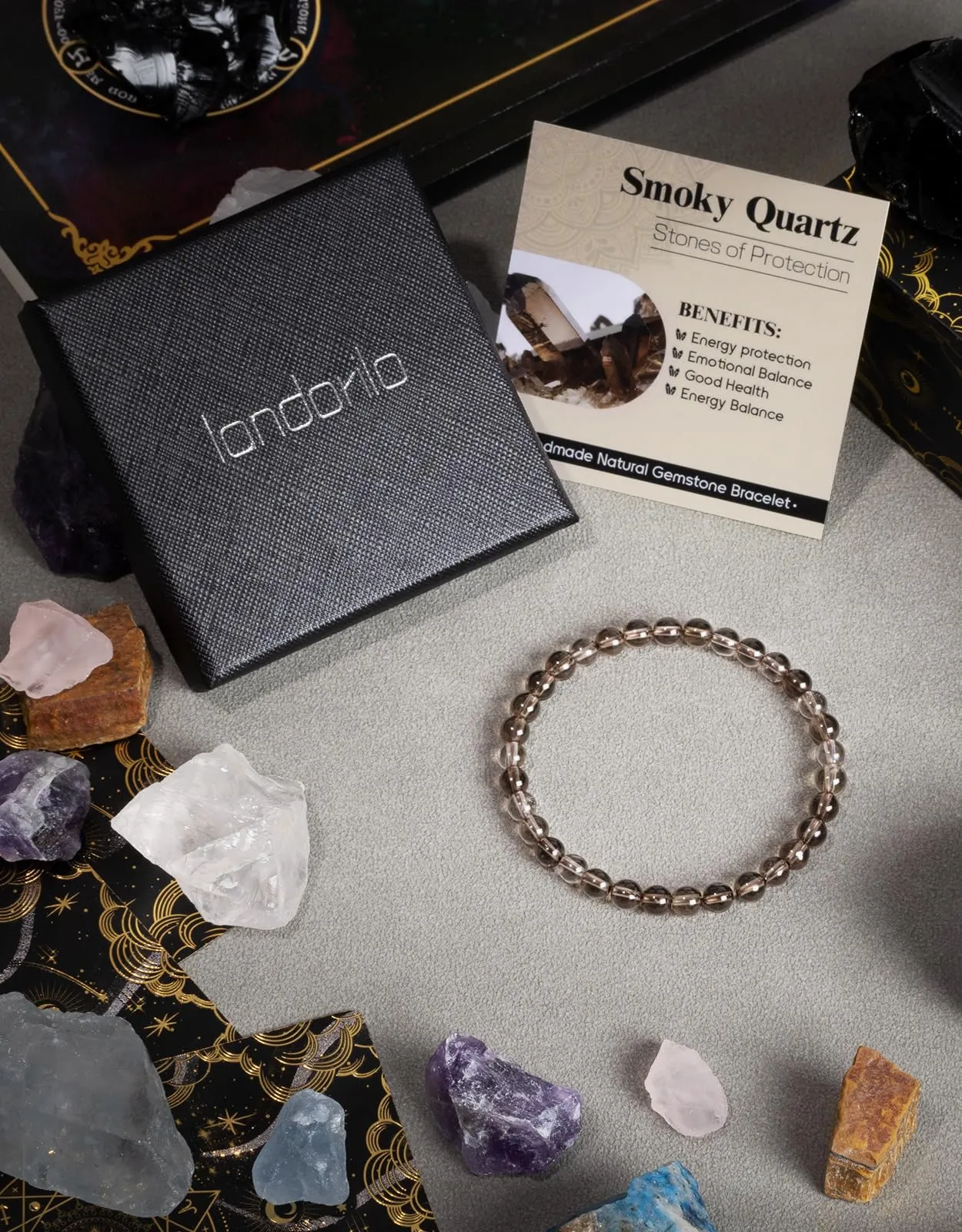 Landorilo Bracciale in Pietra Naturale Quarzo Fumé, 6 mm, 19 cm - immagine 4