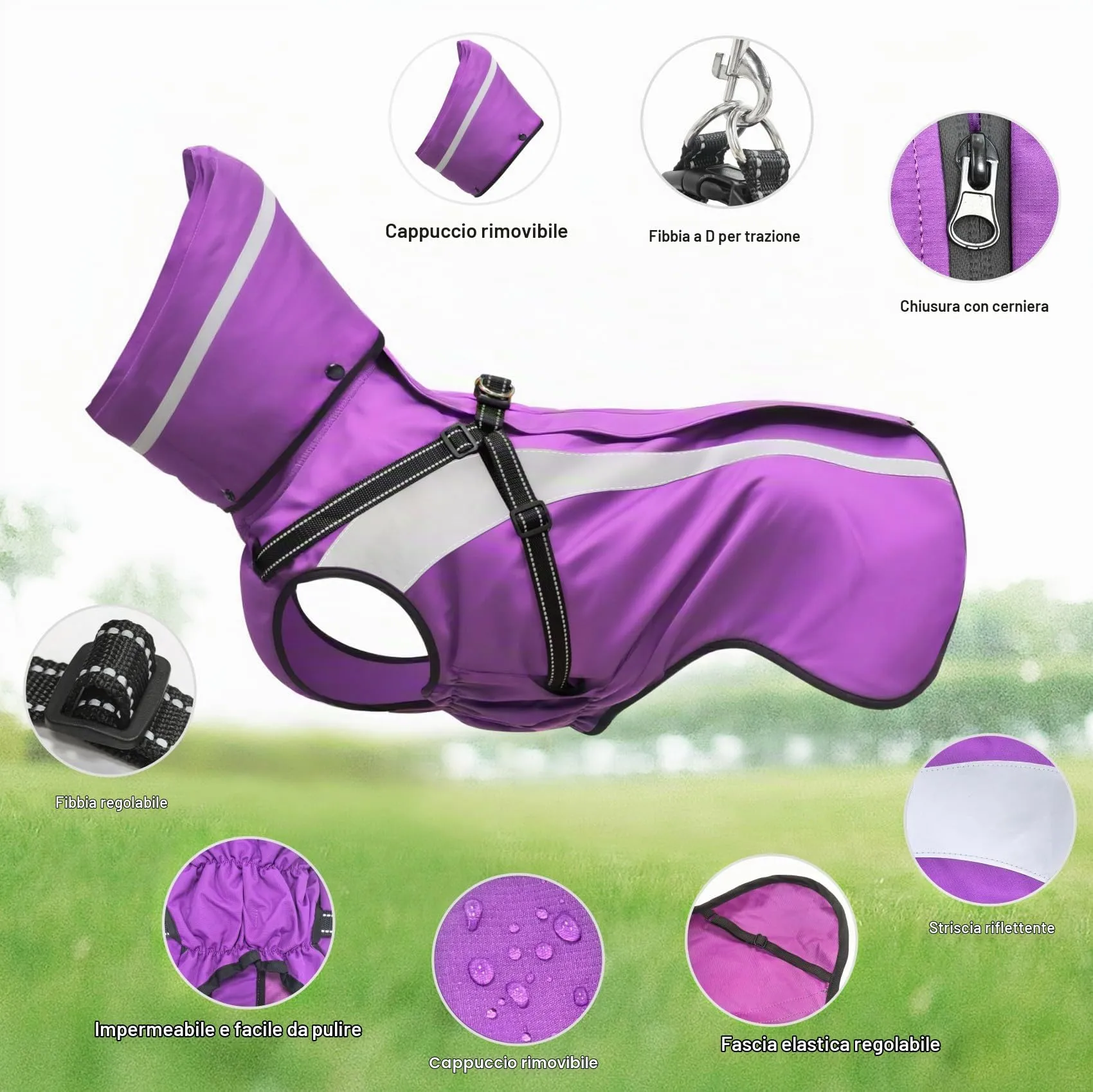 Oslueidy Impermeabile per Cani con Cappuccio Rimovibile, Violetta, M - immagine 7