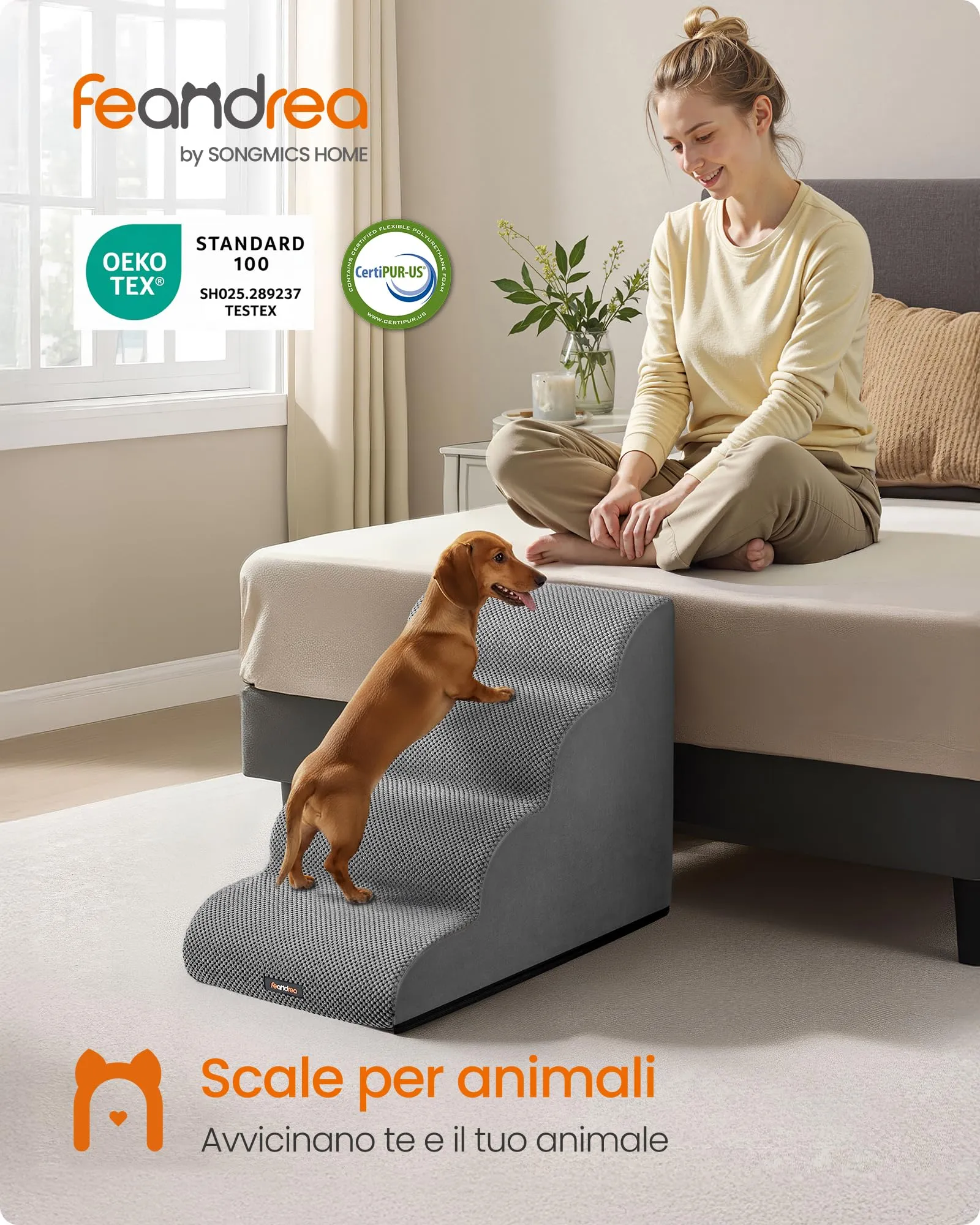 Feandrea Scala a 4 Gradini per Cani, Velluto Goffrato, Grigio Tortora PPS014GD01 - immagine 2