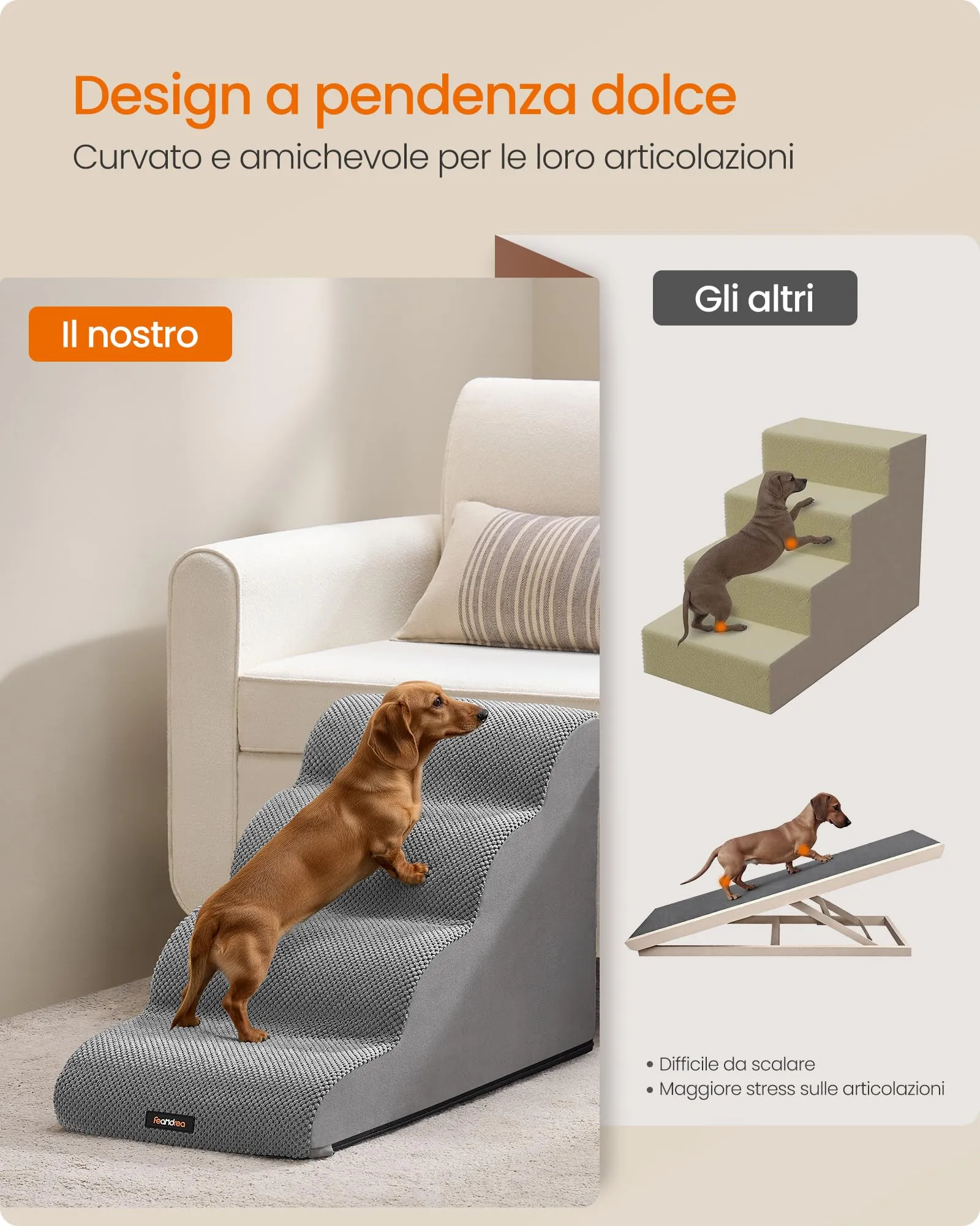 Feandrea Scala a 4 Gradini per Cani, Velluto Goffrato, Grigio Tortora PPS014GD01 - immagine 3