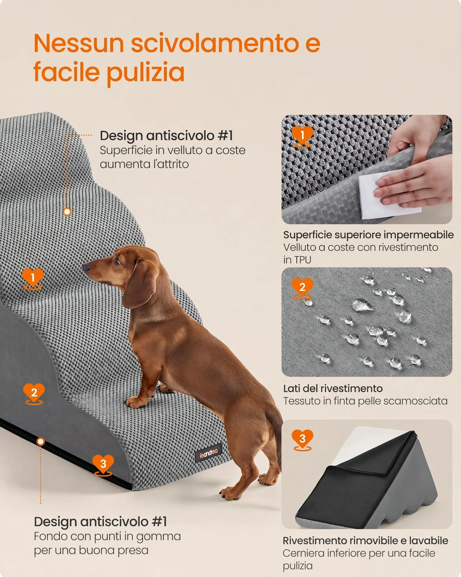 Feandrea Scala a 4 Gradini per Cani, Velluto Goffrato, Grigio Tortora PPS014GD01 - immagine 5