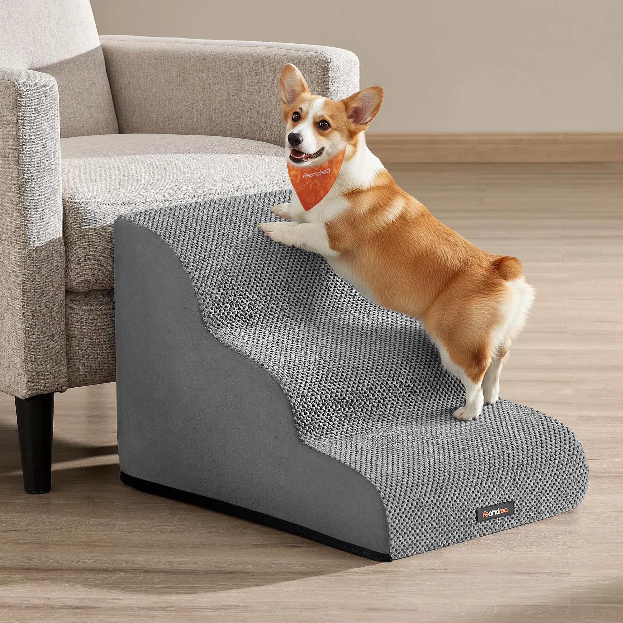 Feandrea Scala a 3 Gradini per Cani, Velluto Goffrato, Grigio Tortora PPS013GD01 - immagine 1