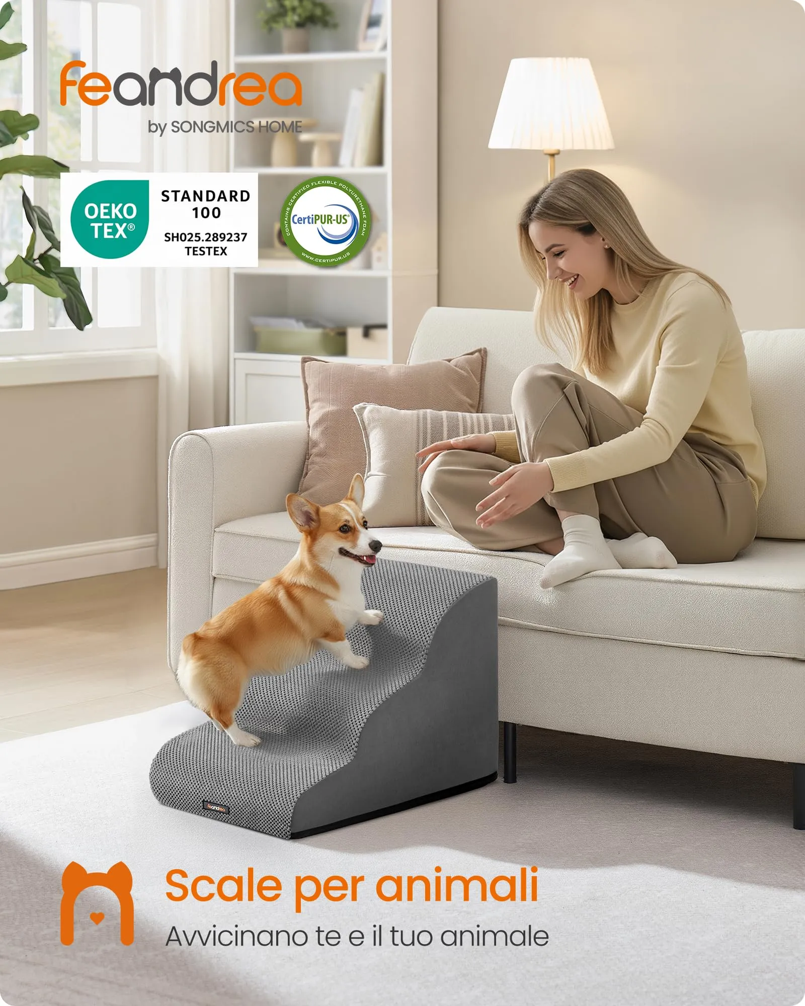 Feandrea Scala a 3 Gradini per Cani, Velluto Goffrato, Grigio Tortora PPS013GD01 - immagine 2