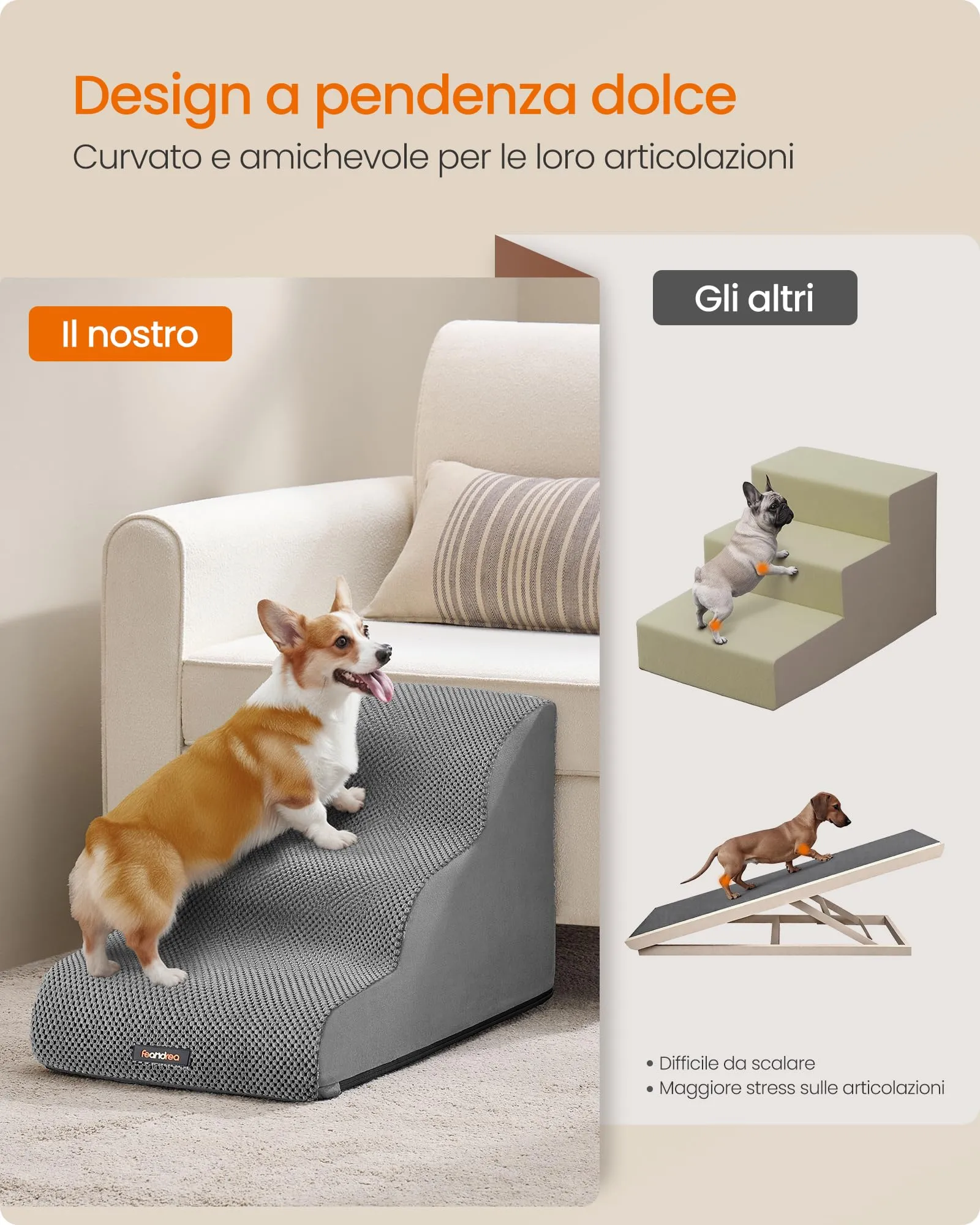 Feandrea Scala a 3 Gradini per Cani, Velluto Goffrato, Grigio Tortora PPS013GD01 - immagine 3