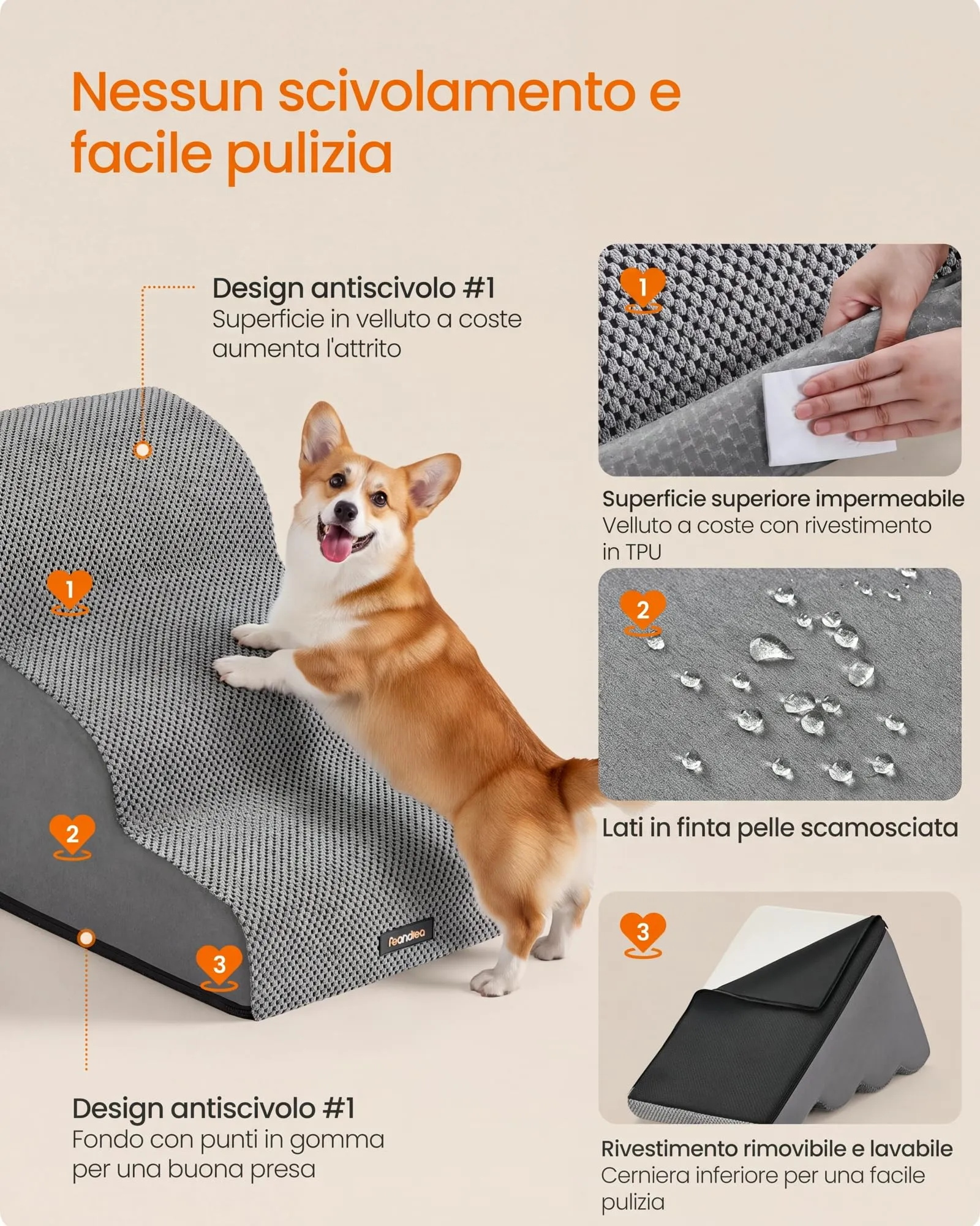 Feandrea Scala a 3 Gradini per Cani, Velluto Goffrato, Grigio Tortora PPS013GD01 - immagine 5