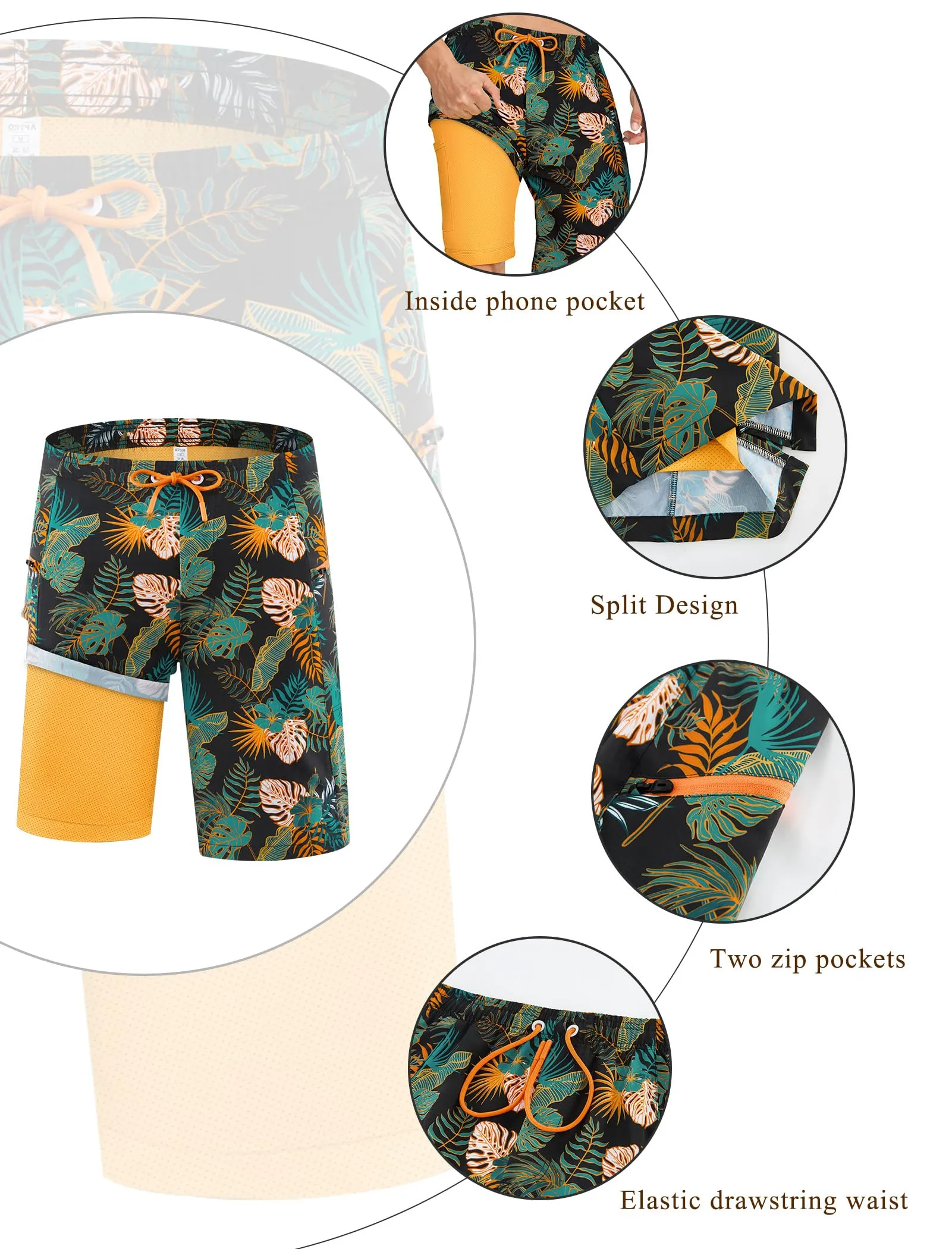 APTRO Pantaloncini da bagno uomo 2 in 1 con fodera a compressione, Retro Mk036, XL - immagine 4