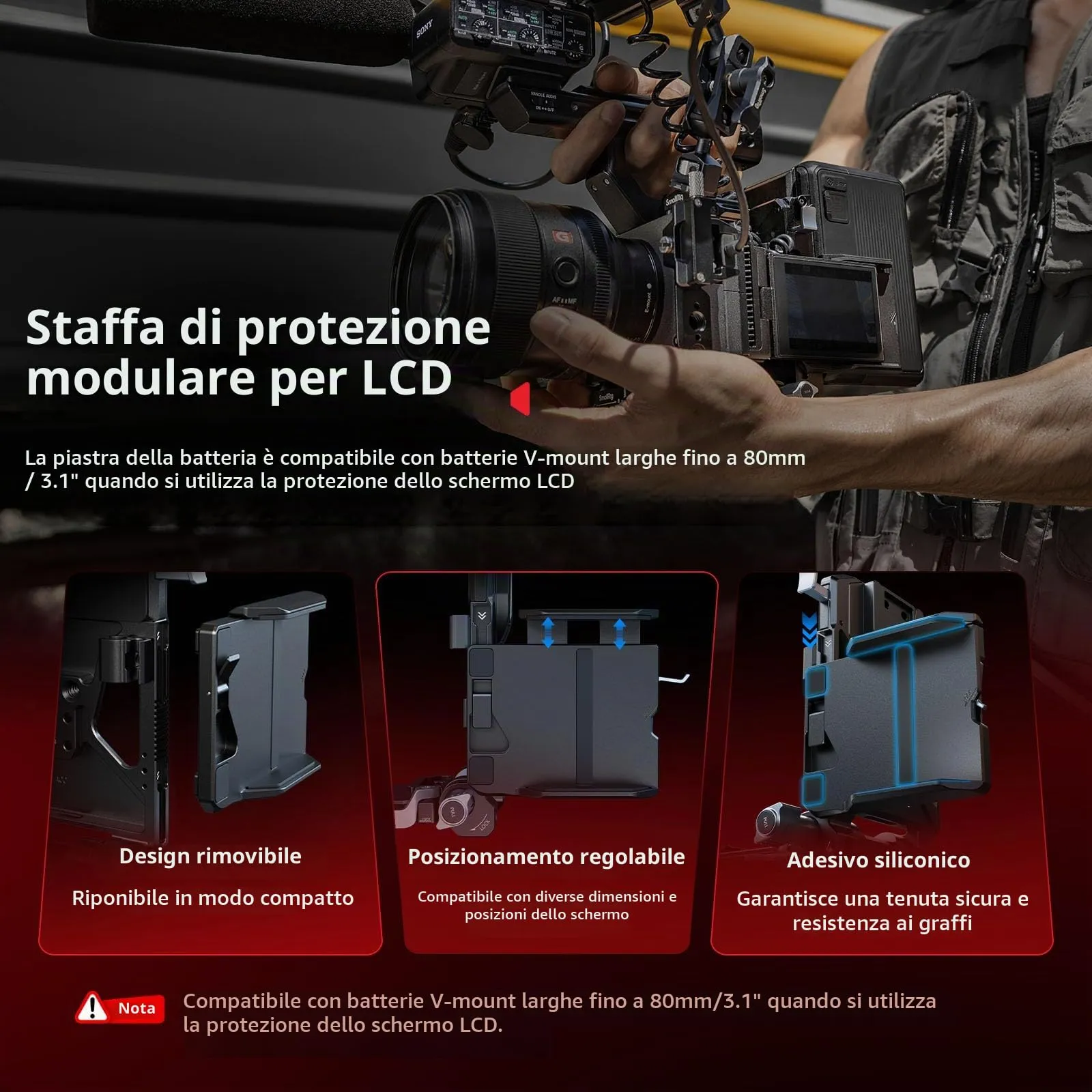 SmallRig Kit Piastra Batteria V Mount Pieghevole Pro con Piastra QR Arca, Staffa di Protezione LCD e Clip per Cavi (5315) - immagine 3