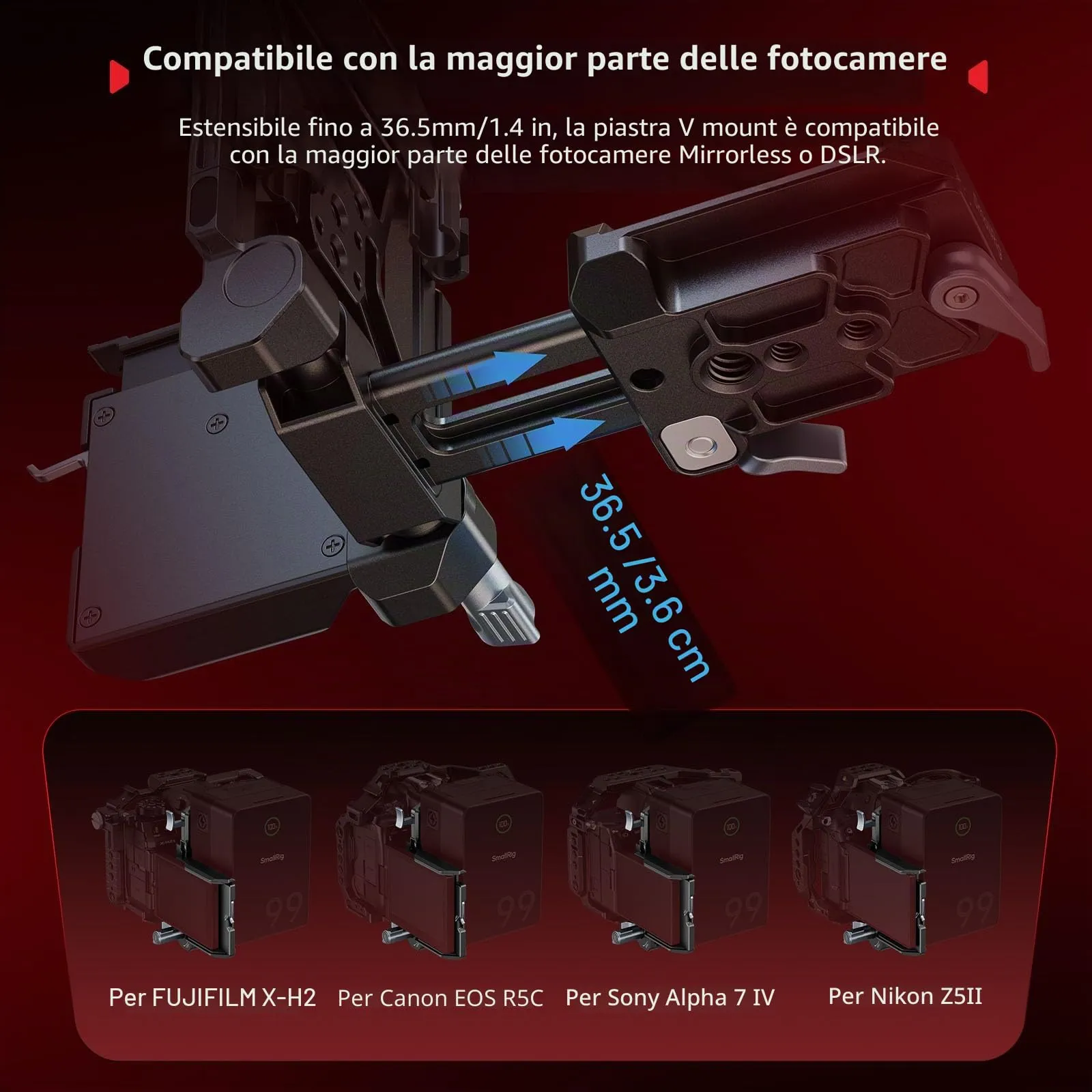 SmallRig Kit Piastra Batteria V Mount Pieghevole Pro con Piastra QR Arca, Staffa di Protezione LCD e Clip per Cavi (5315) - immagine 5