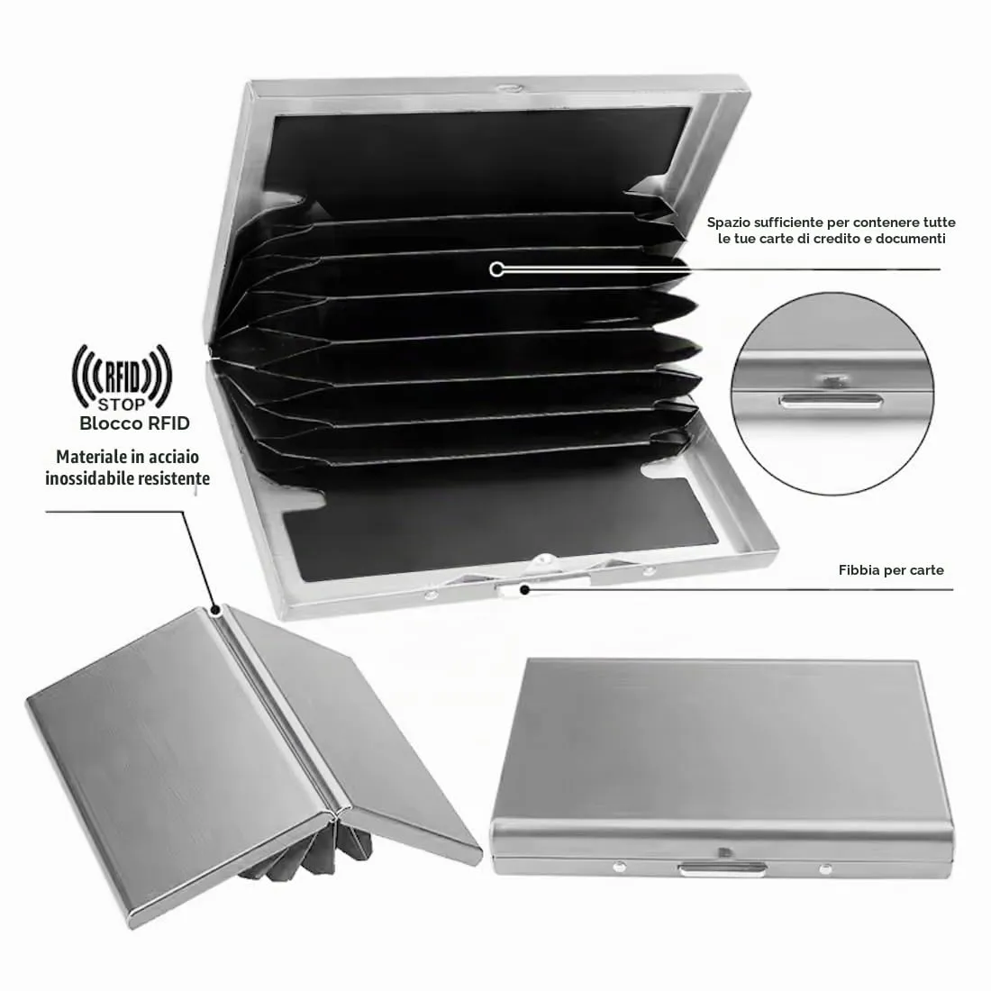 KEQAR Porta Carte in Metallo con Blocco RFID, 10 Scomparti, Argento - immagine 3