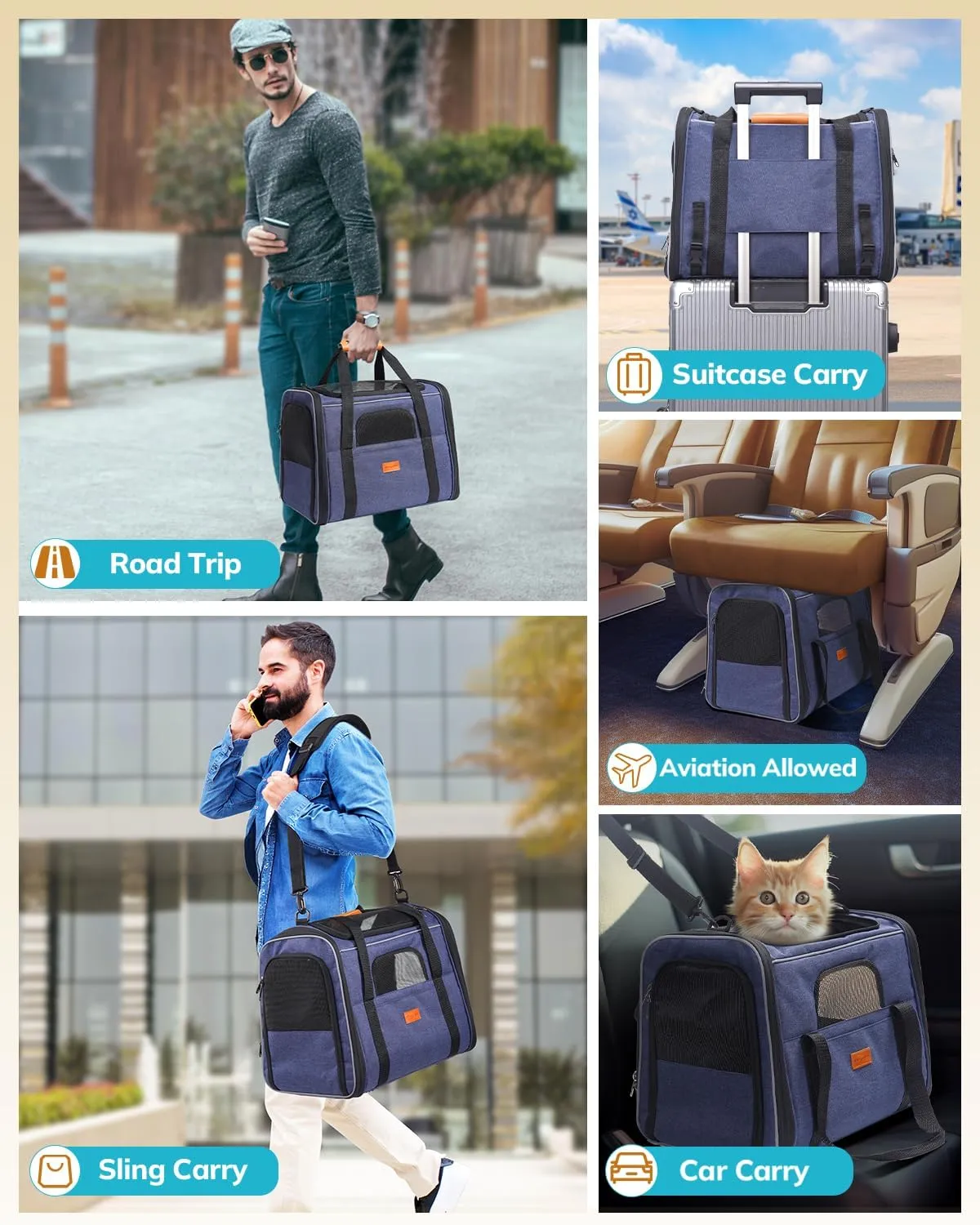 Morpilot Trasportino per Gatti e Cani, Borsa da Viaggio Traspirante con Tracolla e Ciotola, Blu Denim - immagine 2