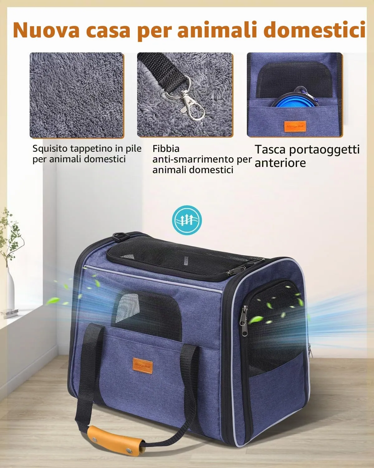 Morpilot Trasportino per Gatti e Cani, Borsa da Viaggio Traspirante con Tracolla e Ciotola, Blu Denim - immagine 4