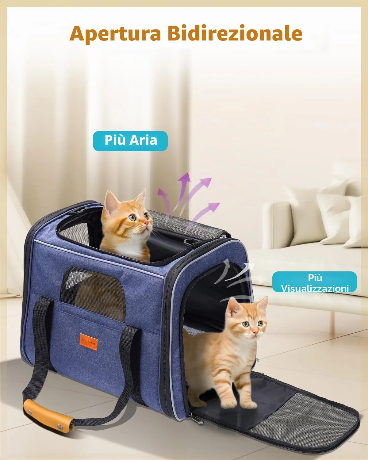 Morpilot Trasportino per Gatti e Cani, Borsa da Viaggio Traspirante con Tracolla e Ciotola, Blu Denim - immagine 7