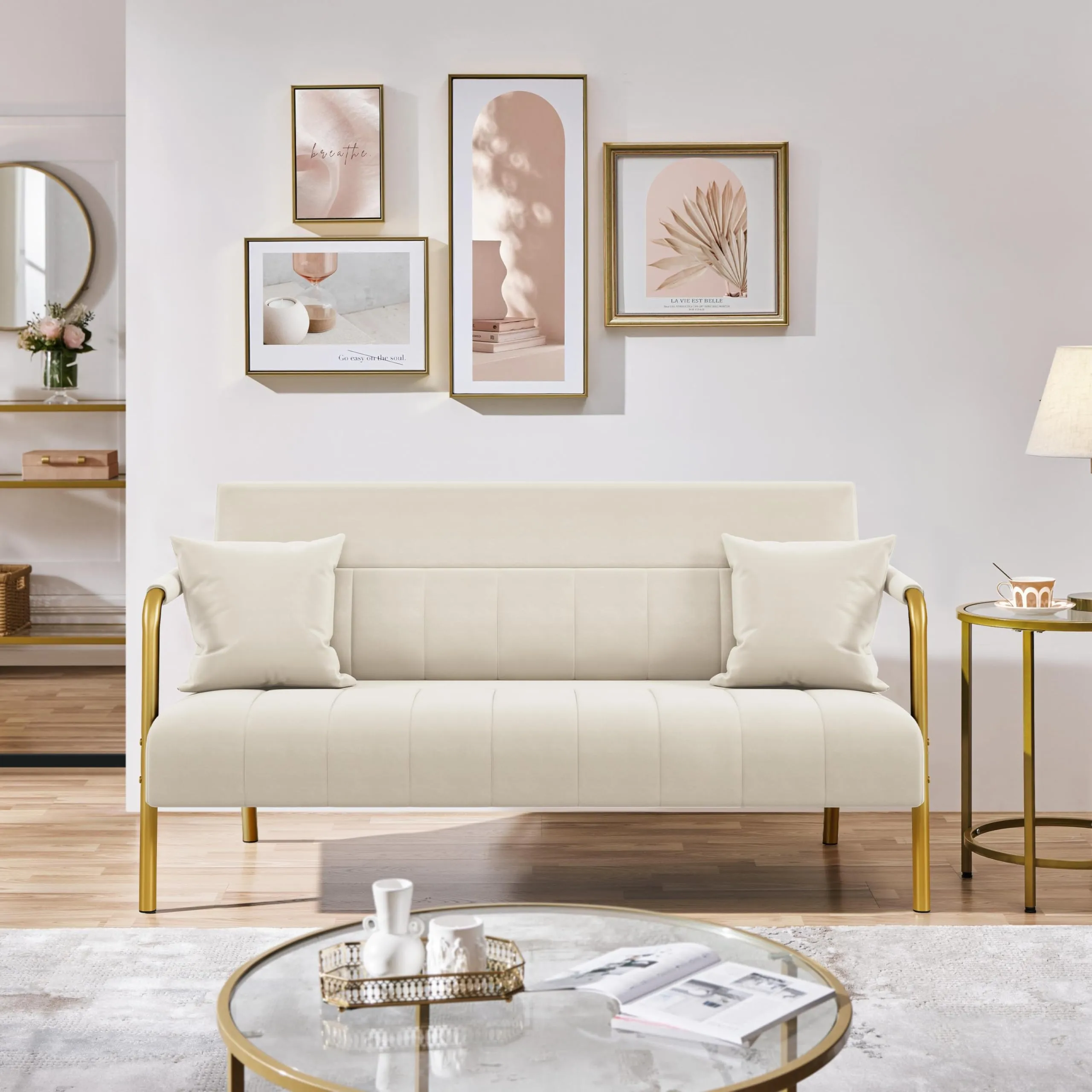 Yaheetech Divano a 2 Posti in Velluto con Braccioli, Beige - immagine 2