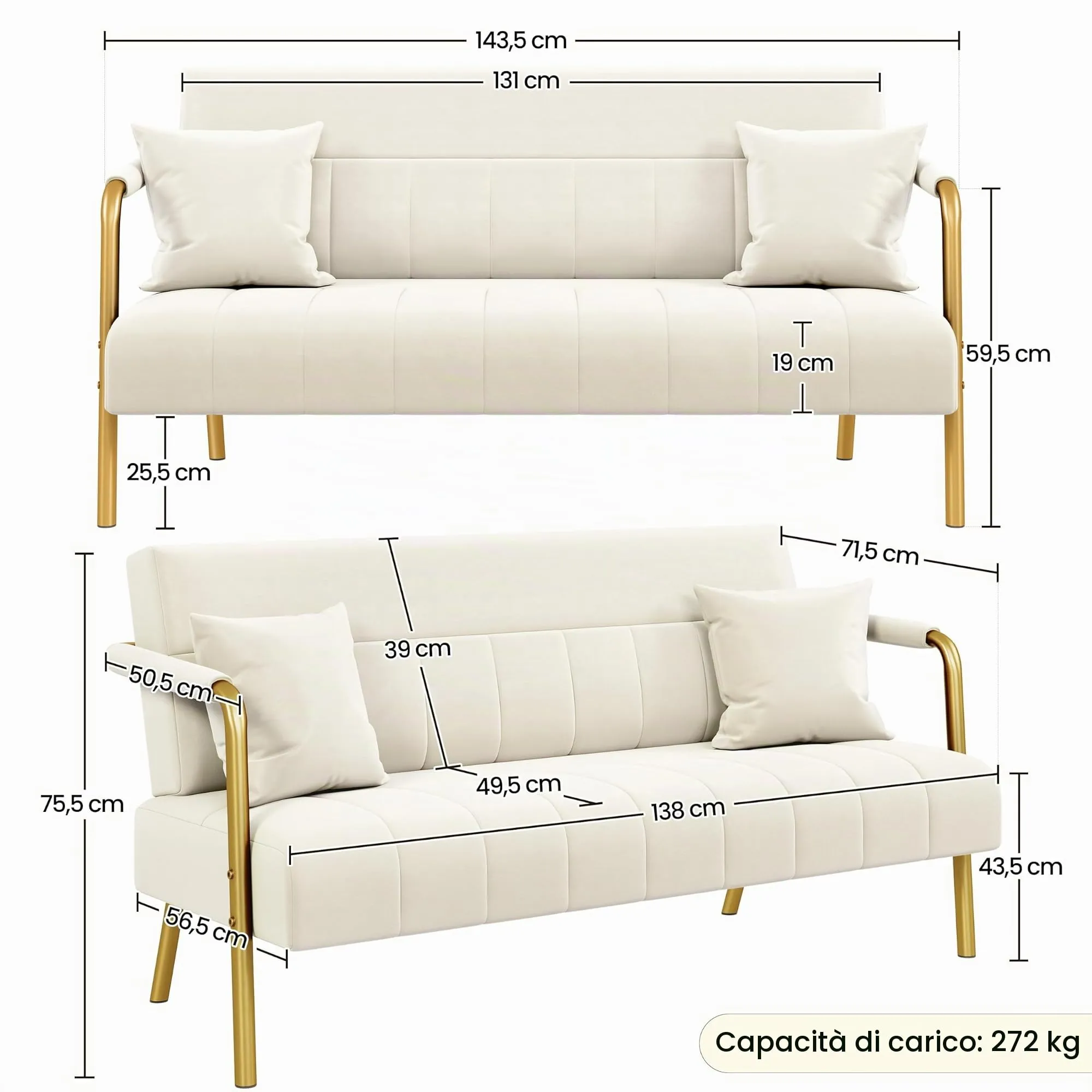 Yaheetech Divano a 2 Posti in Velluto con Braccioli, Beige - immagine 3