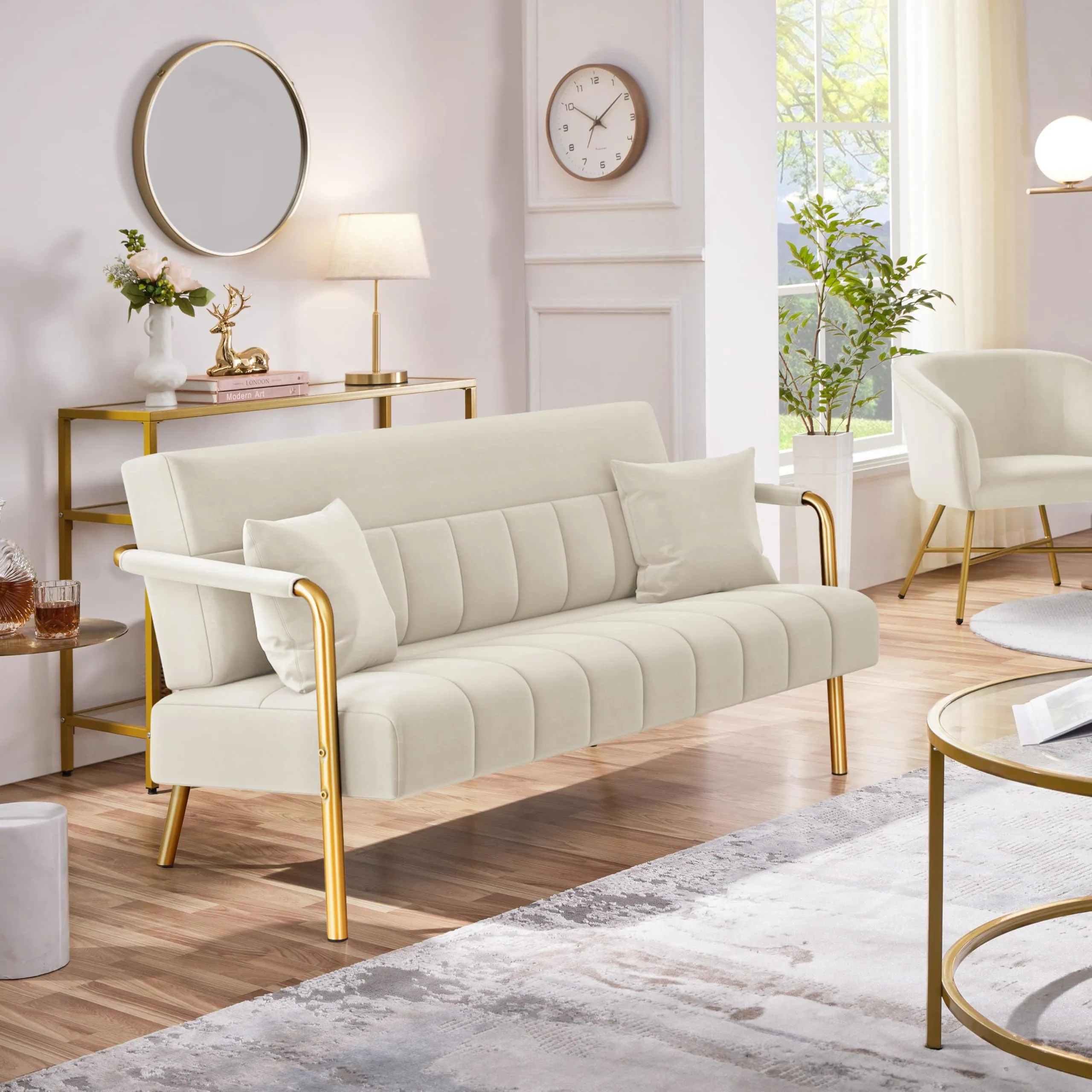 Yaheetech Divano a 2 Posti in Velluto con Braccioli, Beige - immagine 4