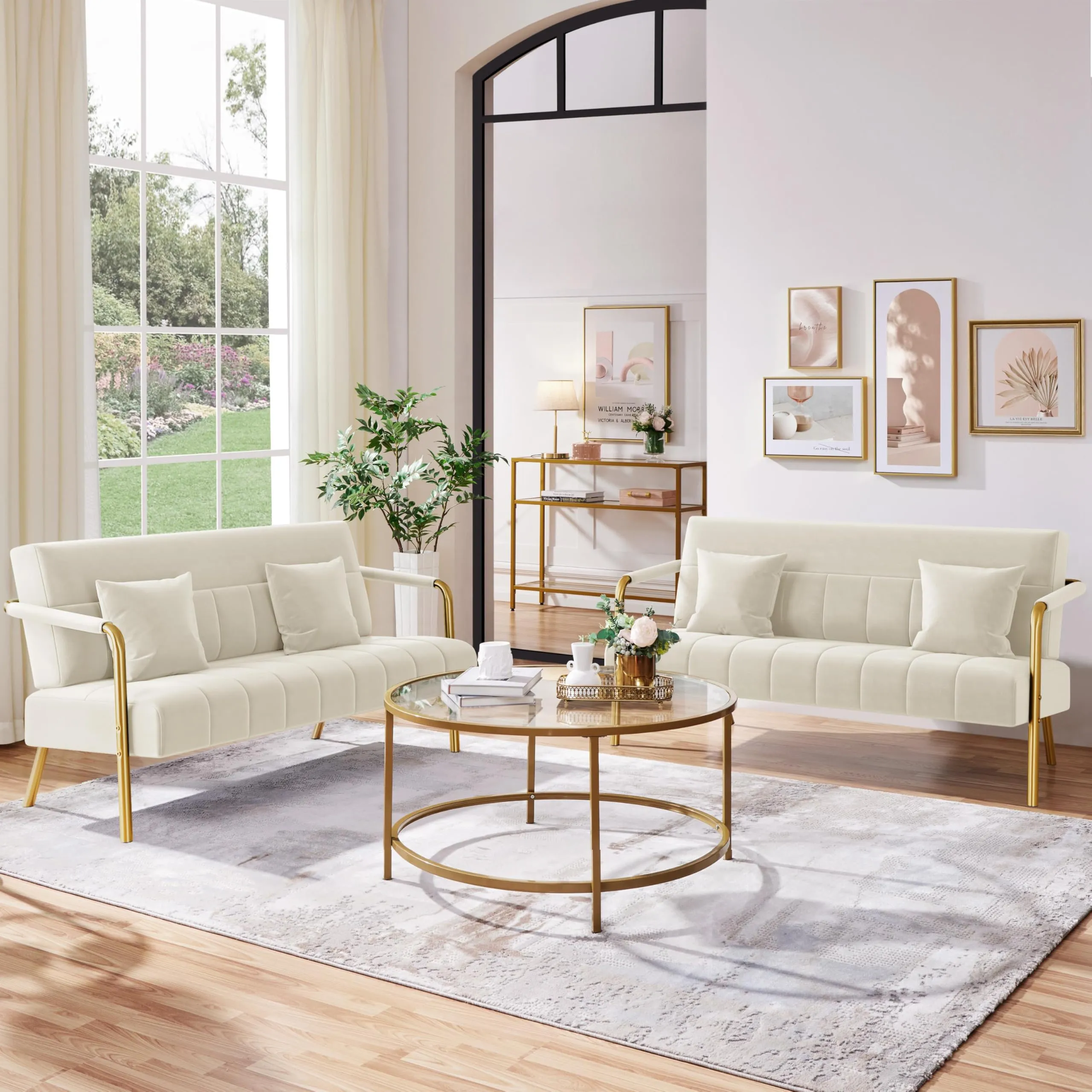 Yaheetech Divano a 2 Posti in Velluto con Braccioli, Beige - immagine 5