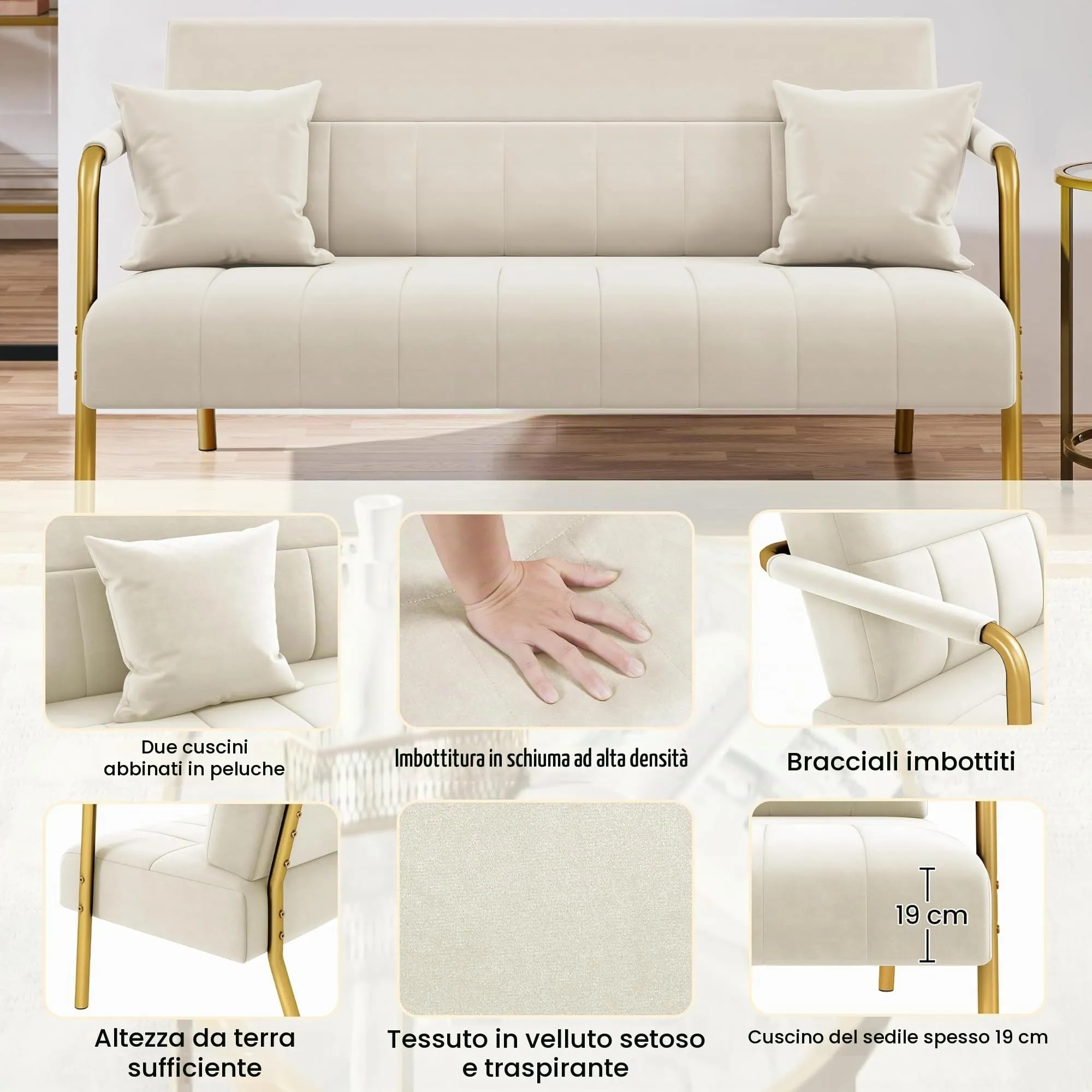 Yaheetech Divano a 2 Posti in Velluto con Braccioli, Beige - immagine 6