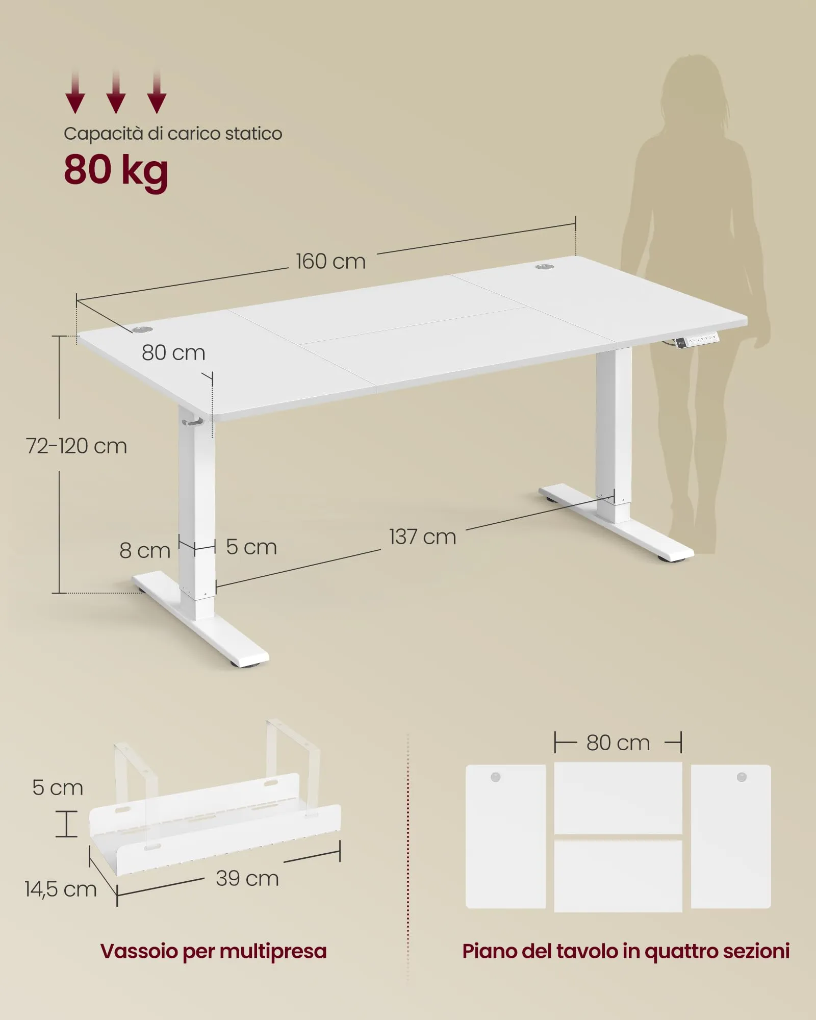VASAGLE Scrivania Regolabile in Altezza, 160 x 80 cm, Porta USB-C, Bianco Opaco - immagine 3
