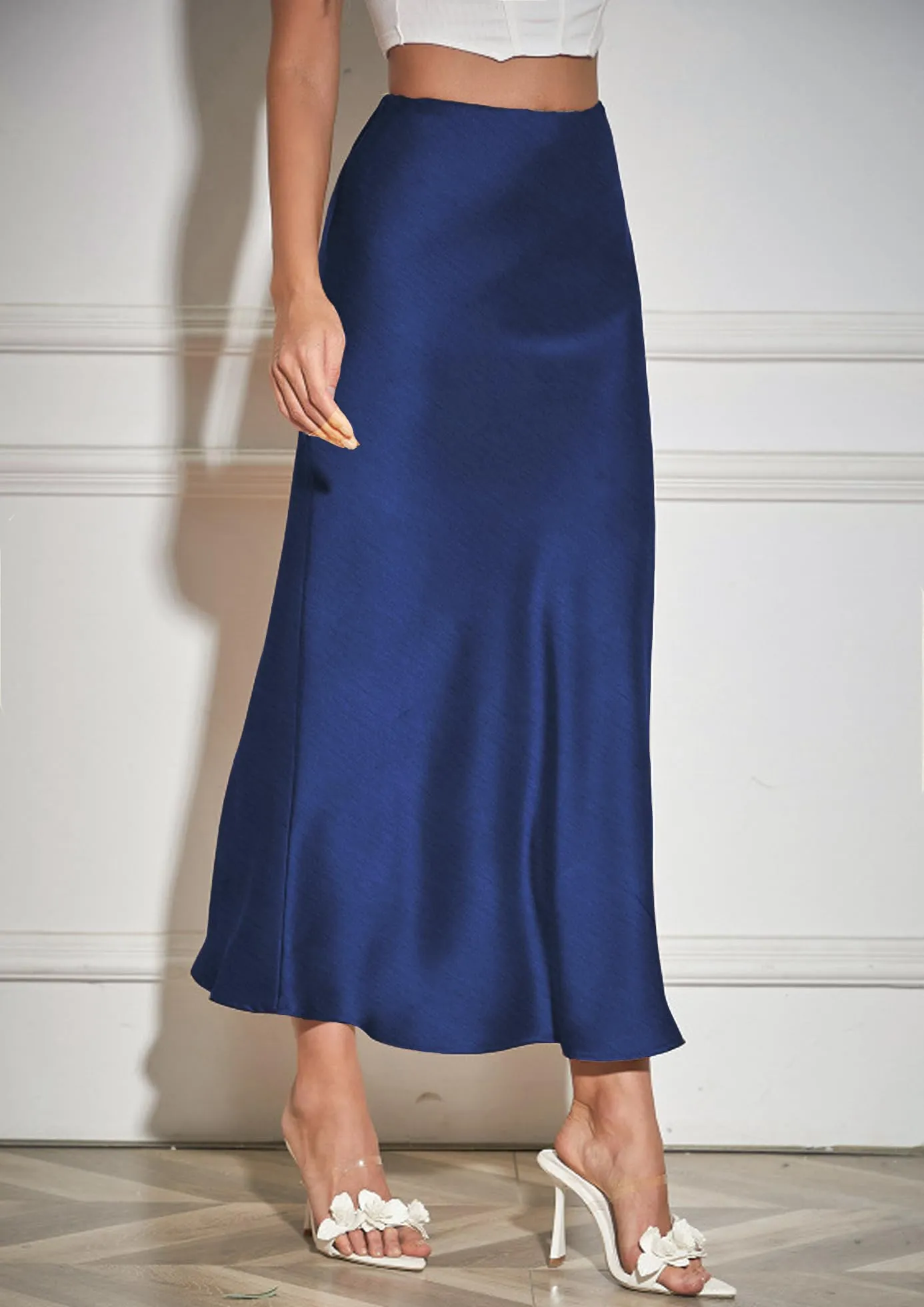 Vossmi Gonna Midi in Raso A-Linea con Zip e Vita Alta, Blu Navy, M - immagine 5