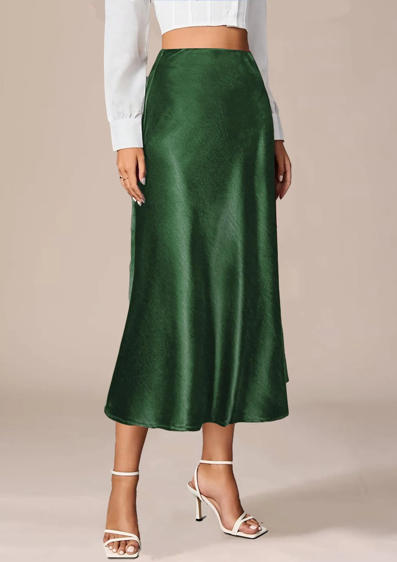 Vossmi Donna Gonna Lunga Vita Alta Satinata a Trapezio Verde, S - immagine 2
