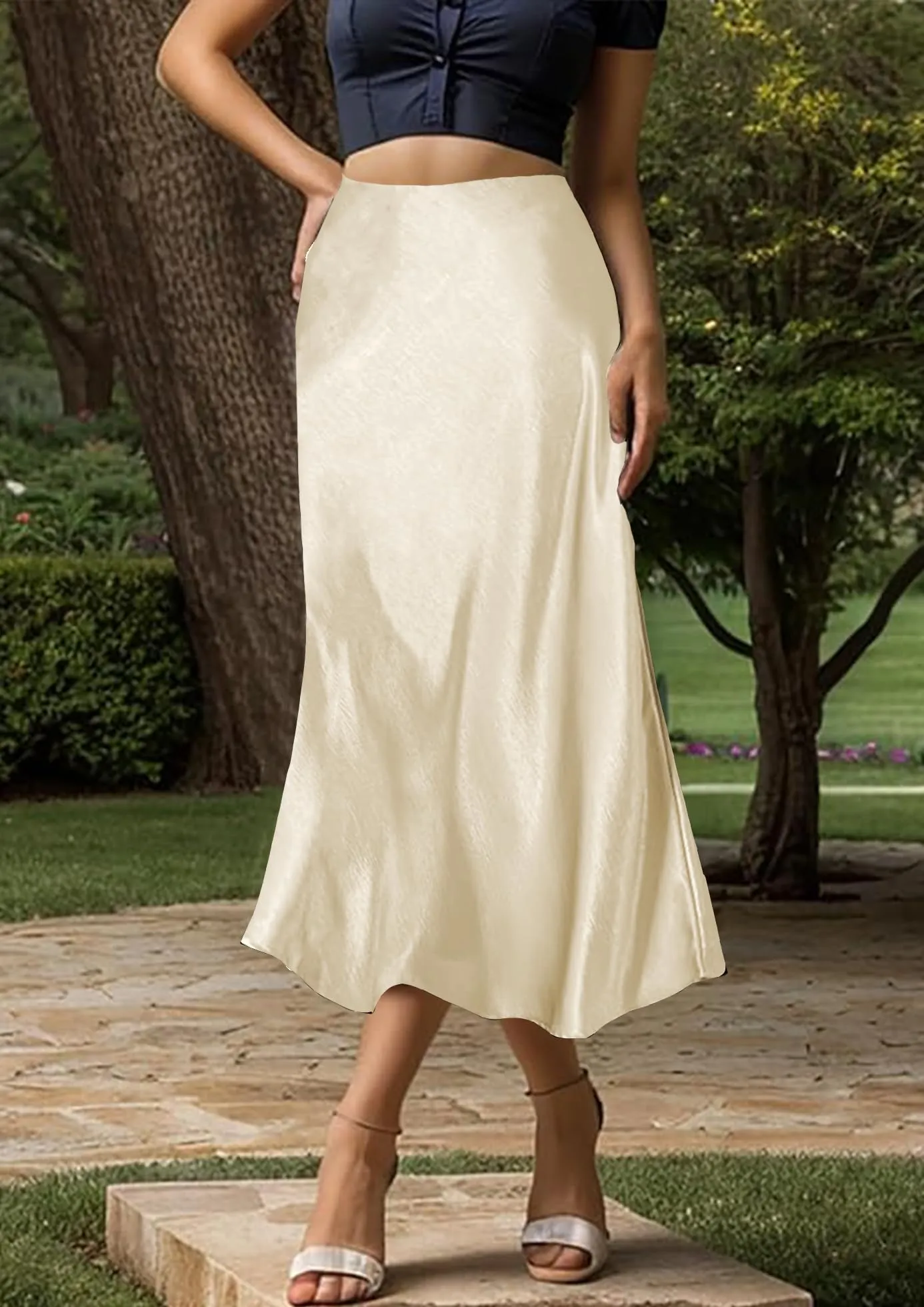 Vossmi Donna Gonna Lunga Vita Alta Satinata a Trapezio Champagne, XL - immagine 3