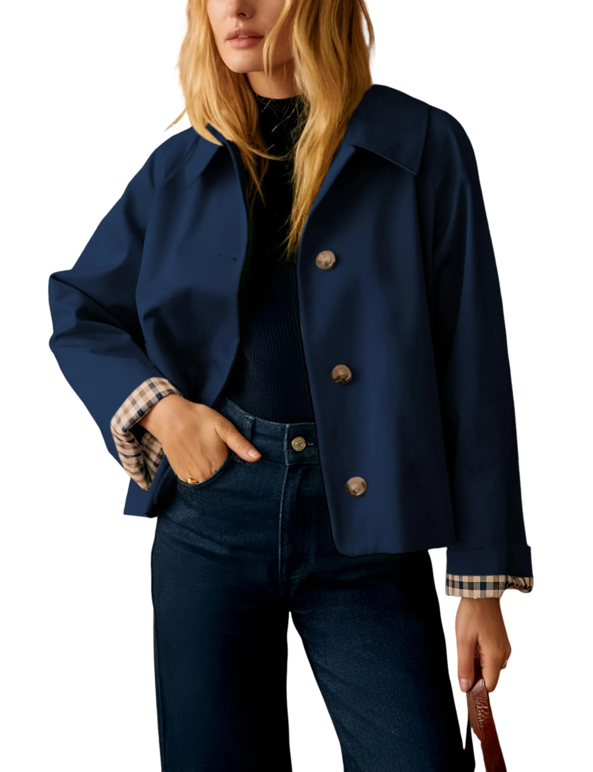 Dqbeng Giacca Donna Corta Stile Trench con Fodera a Quadri, Navy, XS - immagine 1